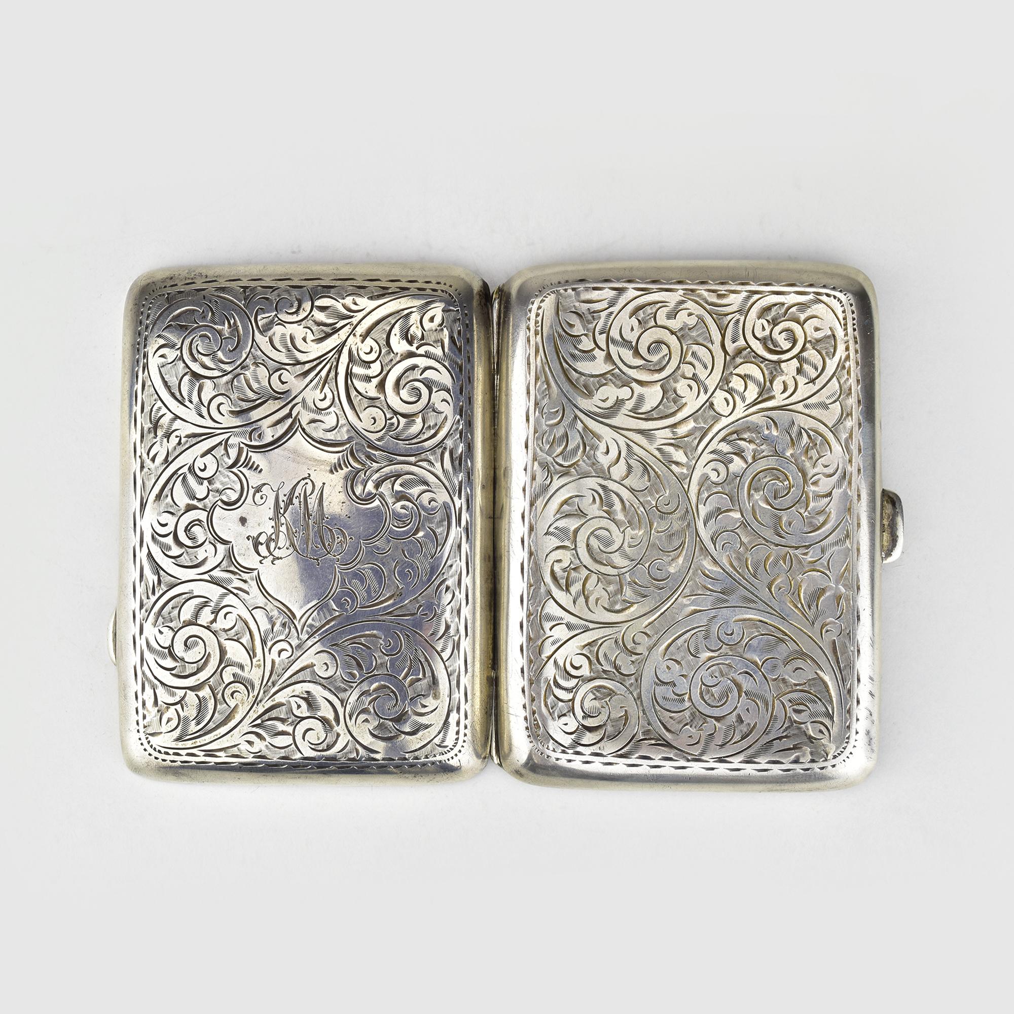 Hand-Crafted Antique 1917 Joseph Gloster Sterling Silver Cigarette Case, Botanical Scrollwork For Sale