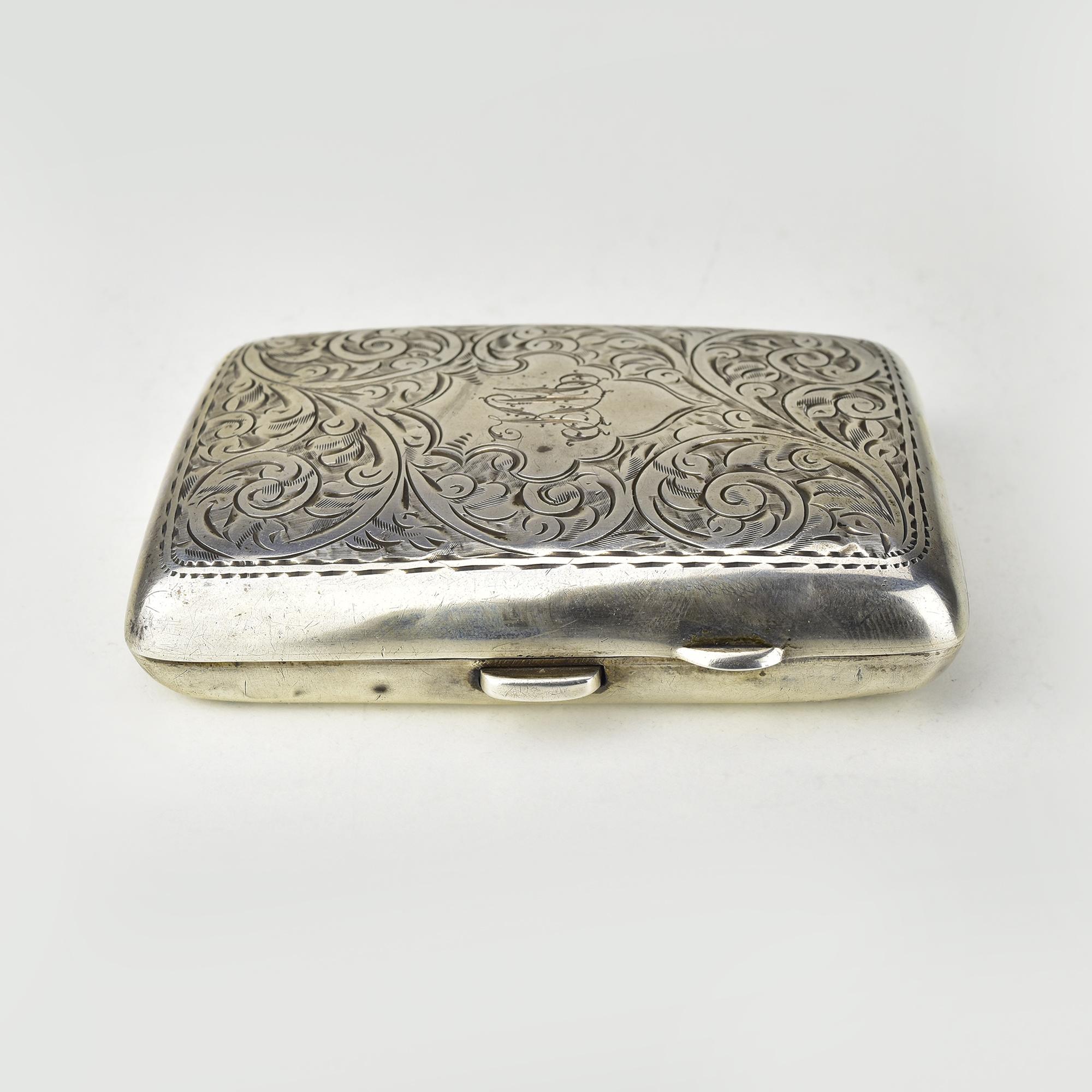 Early 20th Century Antique 1917 Joseph Gloster Sterling Silver Cigarette Case, Botanical Scrollwork For Sale