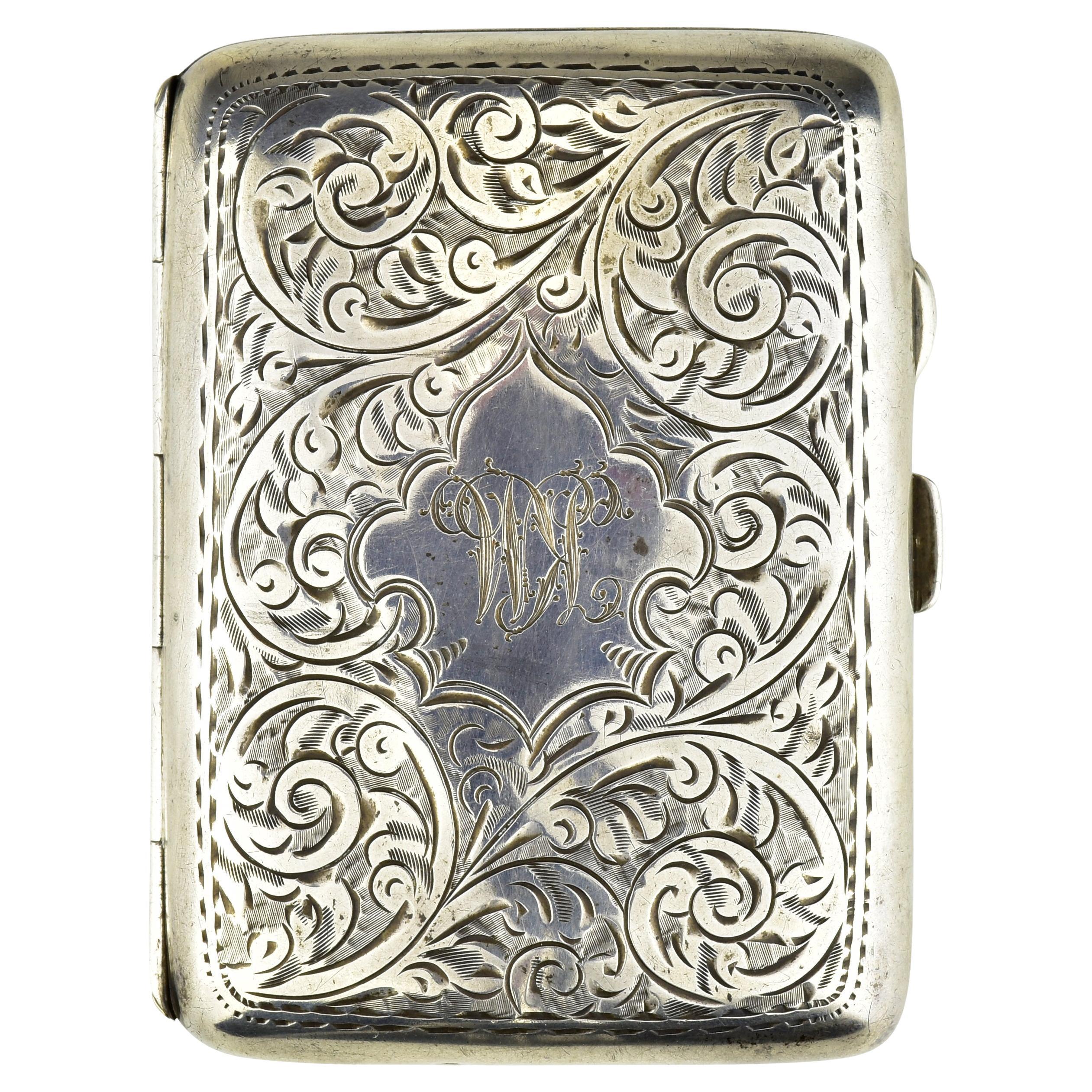 Antique 1917 Joseph Gloster Sterling Silver Cigarette Case, Botanical Scrollwork For Sale