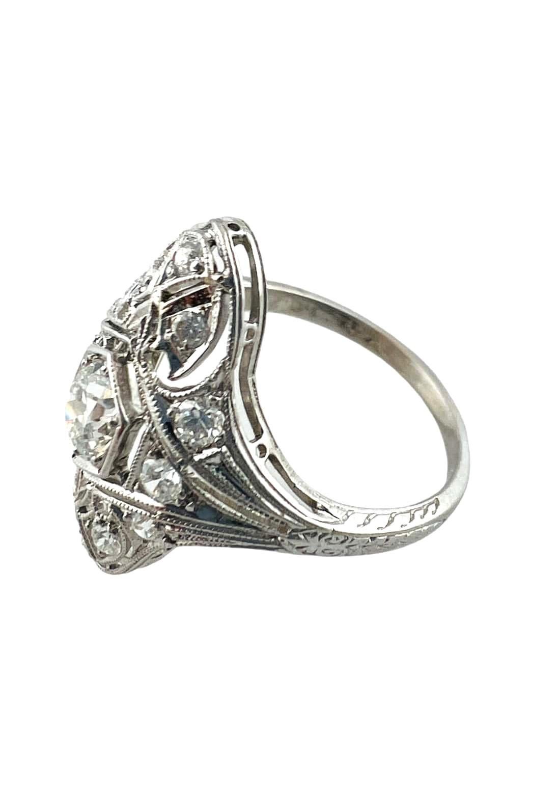 Round Cut Antique 1918 Tiffany & Co. Platinum Diamond Filagree Art Deco Ring