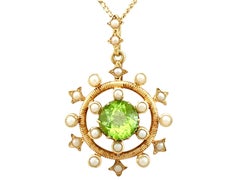 Antique 1.92 Carat Peridot and Seed Pearl Yellow Gold Pendant