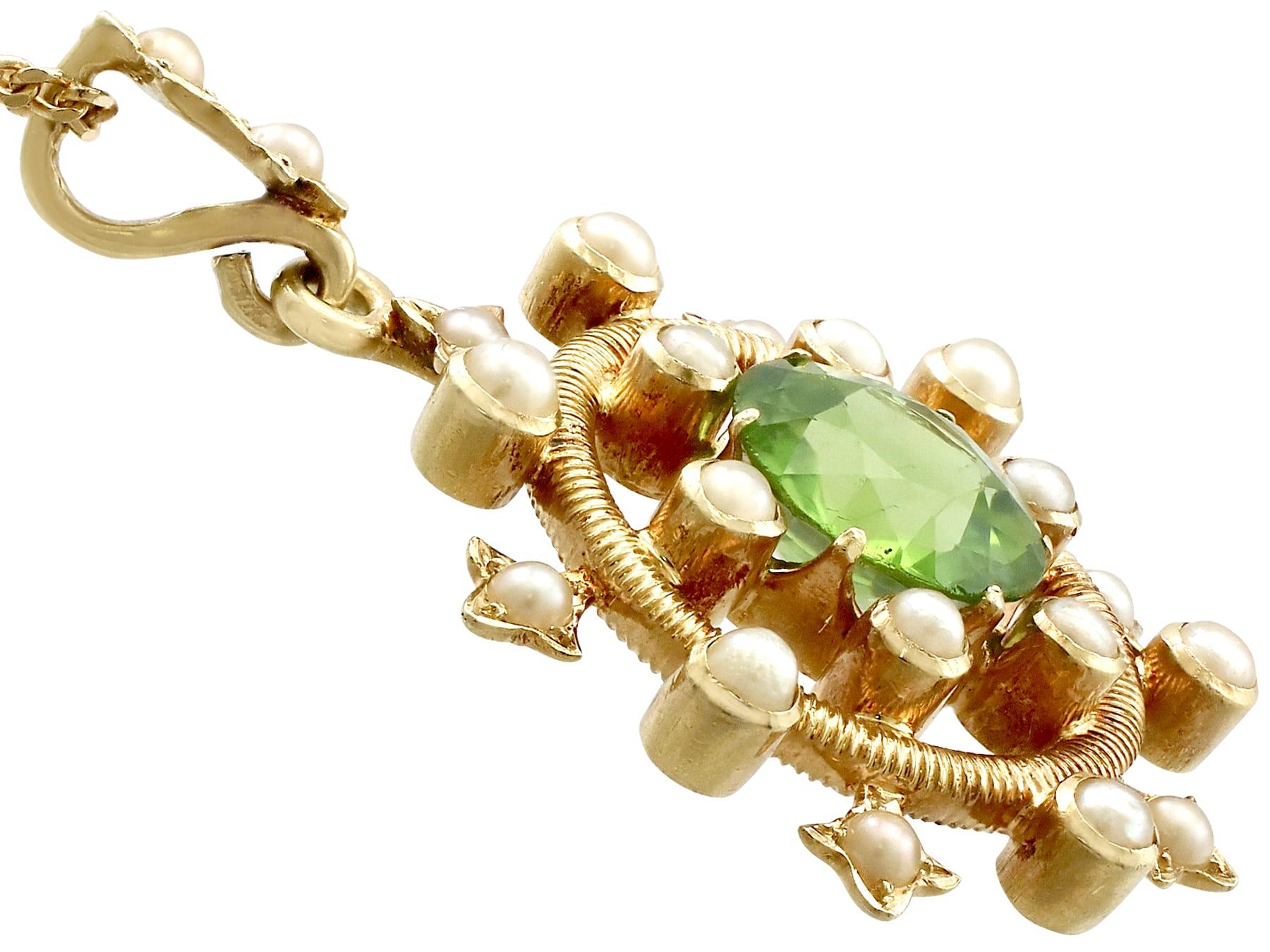 Round Cut Antique 1.92 Carat Peridot and Seed Pearl Yellow Gold Pendant For Sale