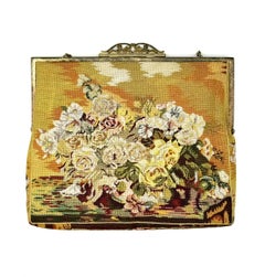 Antico 1920 Borsa da sera Bouquet di fiori Petit Point Stitch by Stitch in metallo di seta