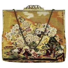 Antique 1920 Evening Bag Flower Bouquet Petit Point Stitching Silk Metal Mount