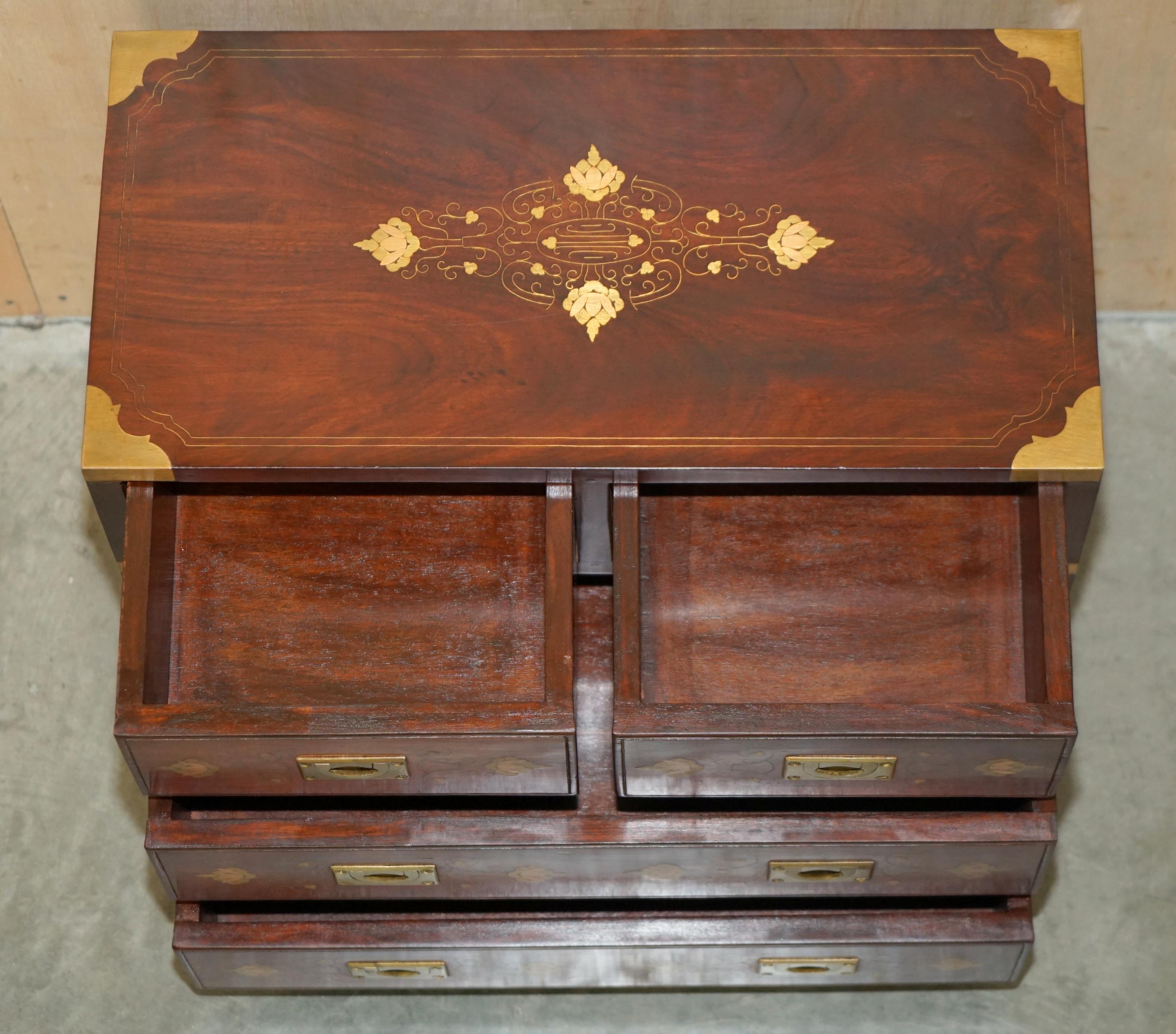 ANTIQUE 1920 HARDWOOD & BRASS INLAID CAMPAIGN CHEST OF DRAWERS SiDE TABLE SIZED 11