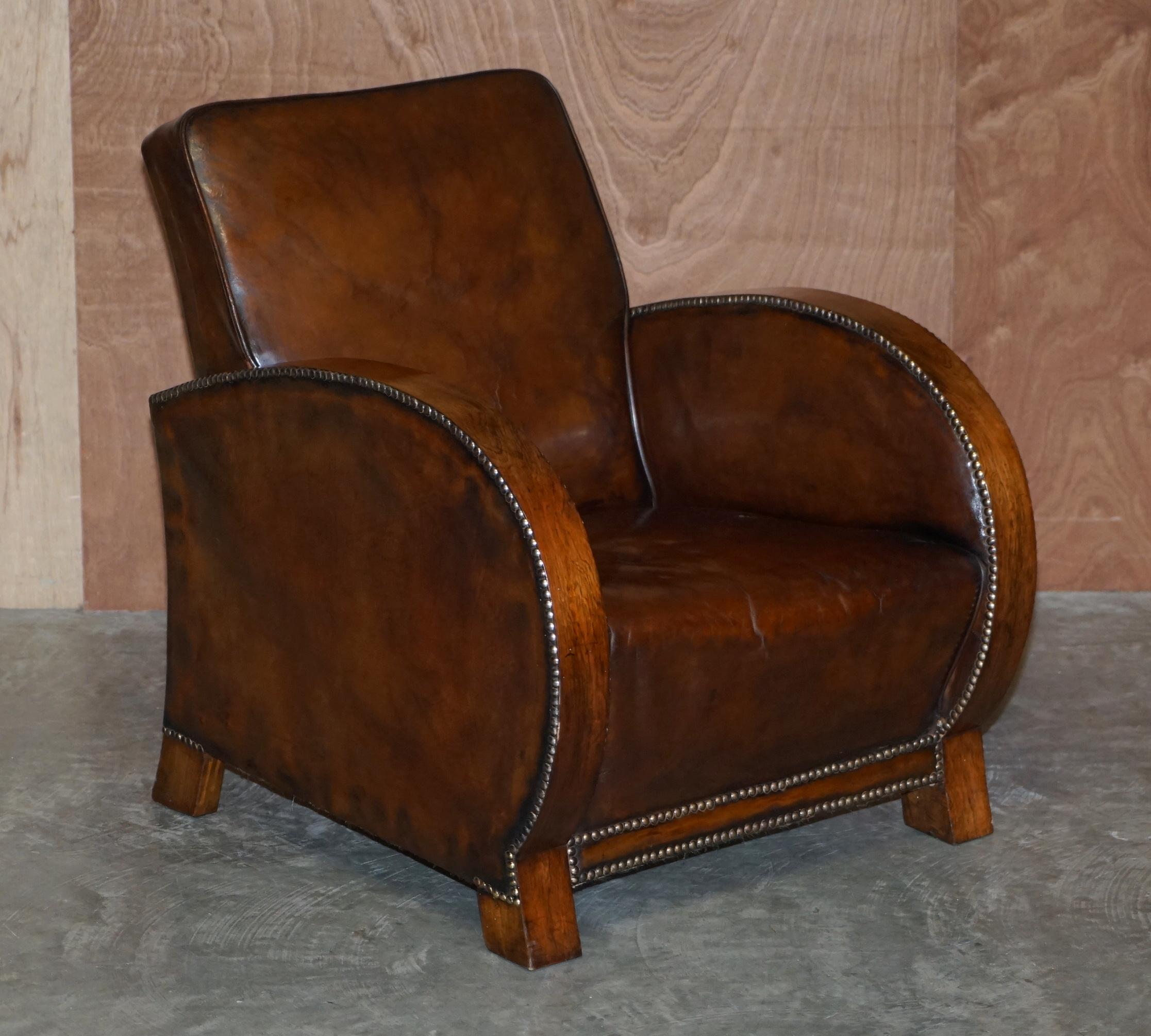 Antique 1920 Pair of Fully Restored Hardwood Framed Brown Leather Club Armchairs 5