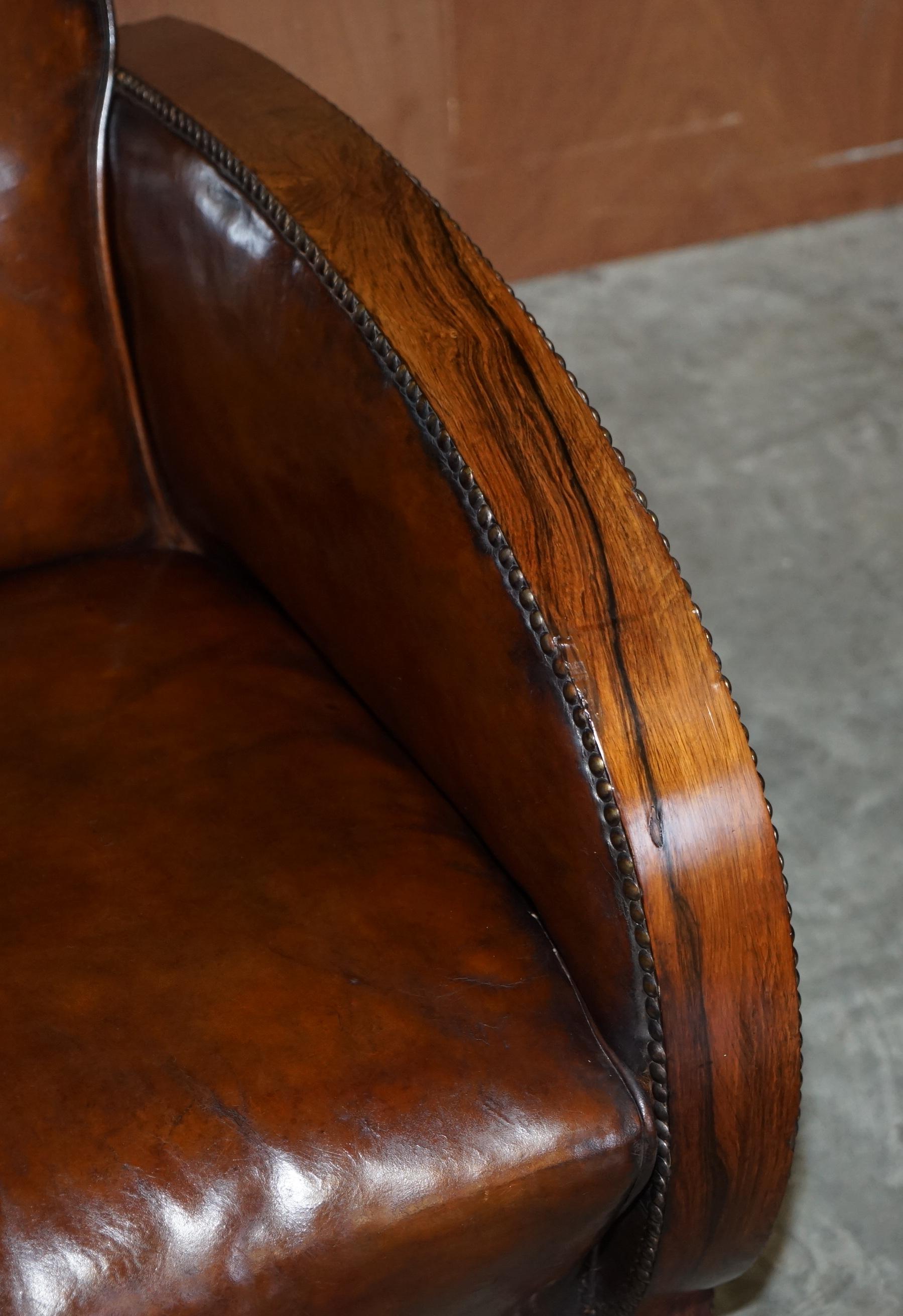 Hand-Crafted Antique 1920 Pair of Fully Restored Hardwood Framed Brown Leather Club Armchairs
