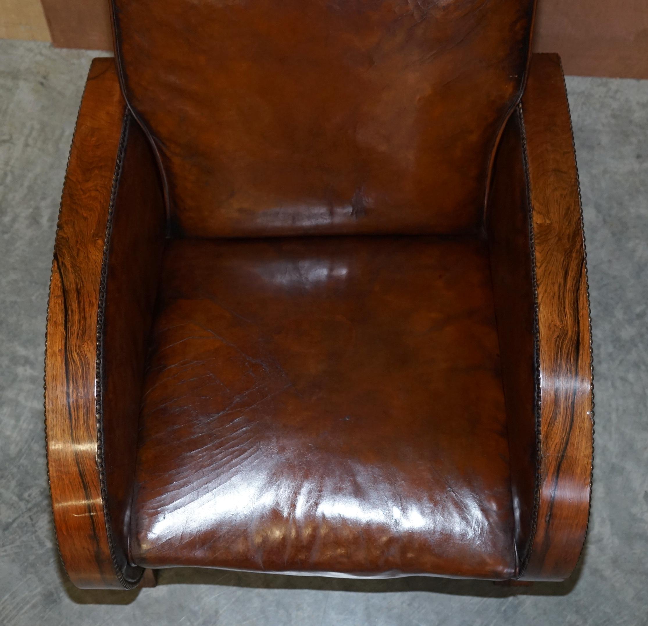 Antique 1920 Pair of Fully Restored Hardwood Framed Brown Leather Club Armchairs 1