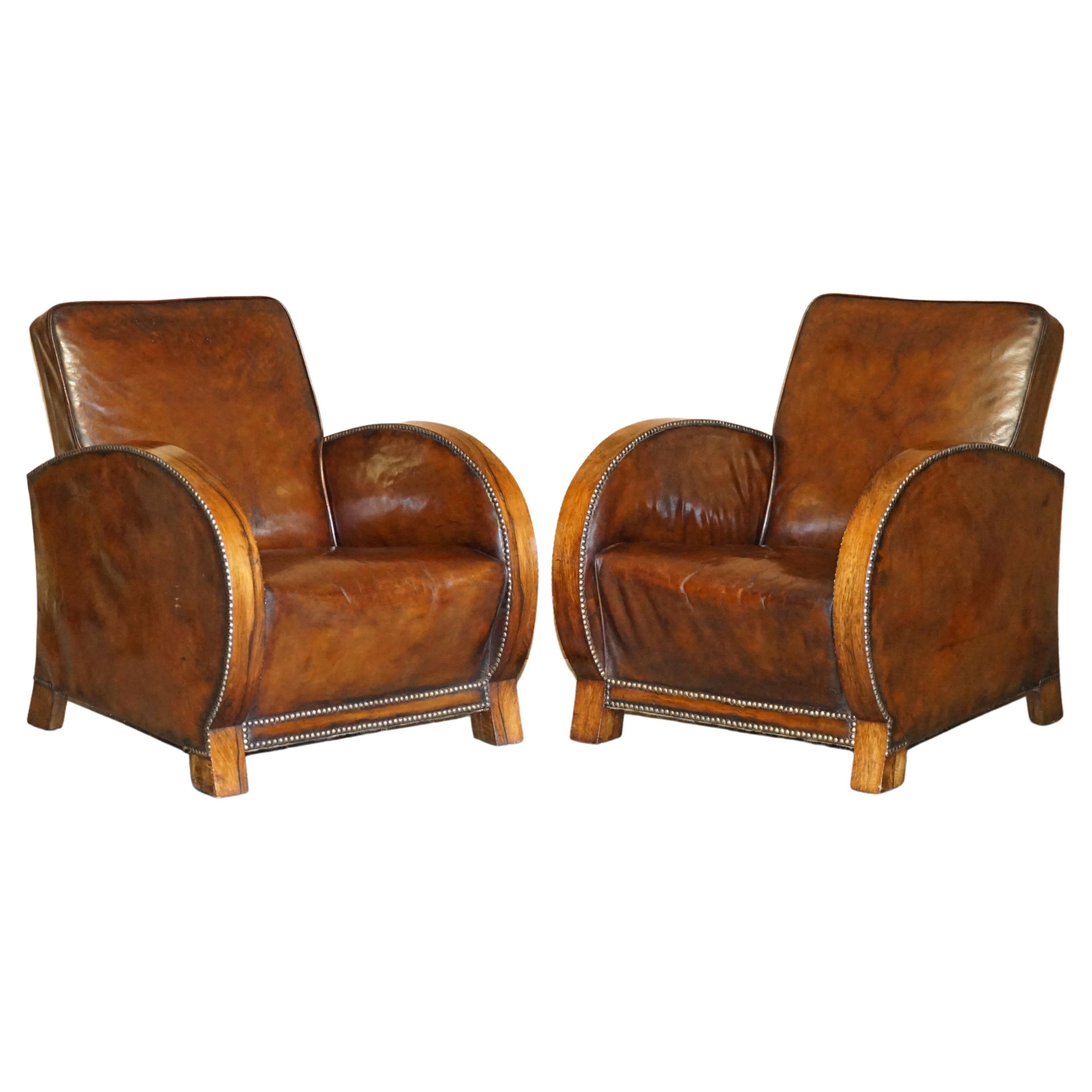 Antique 1920 Pair of Fully Restored Hardwood Framed Brown Leather Club Armchairs