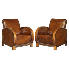 Antique 1920 Pair of Fully Restored Hardwood Framed Brown Leather Club Armchairs