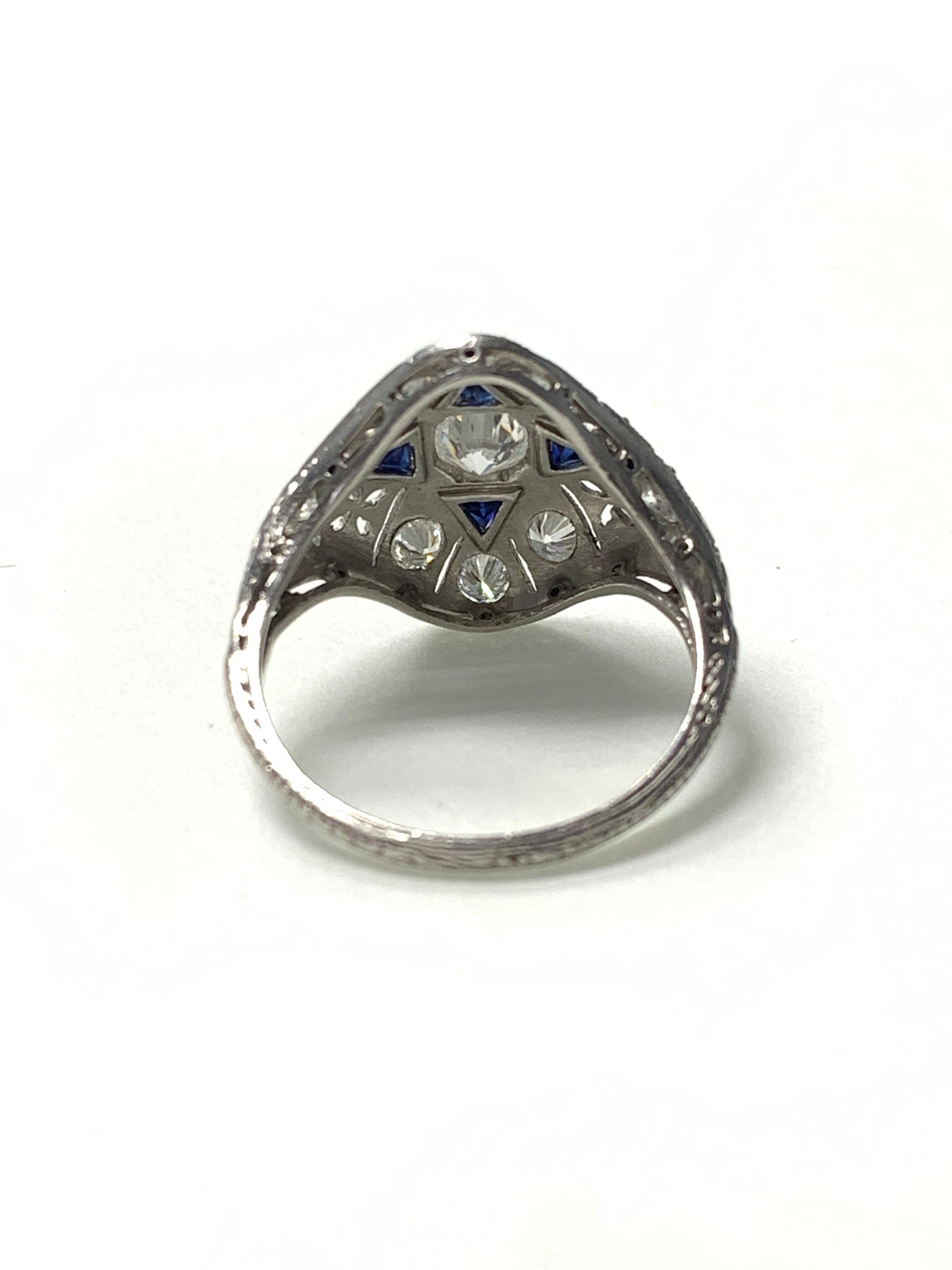 Women's Antique 1920 White Old European Cut Diamond and Blue Sapphire Ring in Platinum