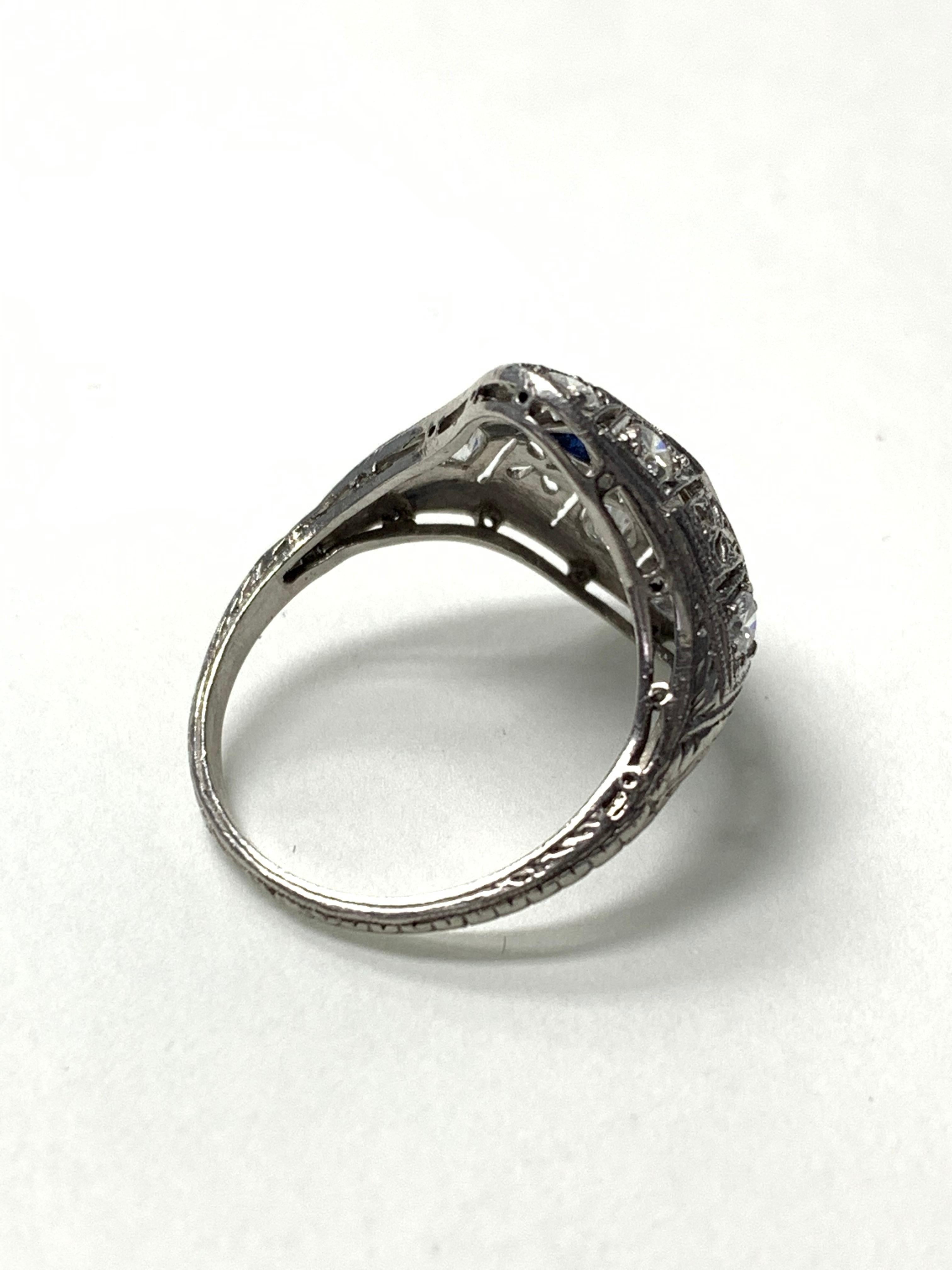 Antique 1920 White Old European Cut Diamond and Blue Sapphire Ring in Platinum 1