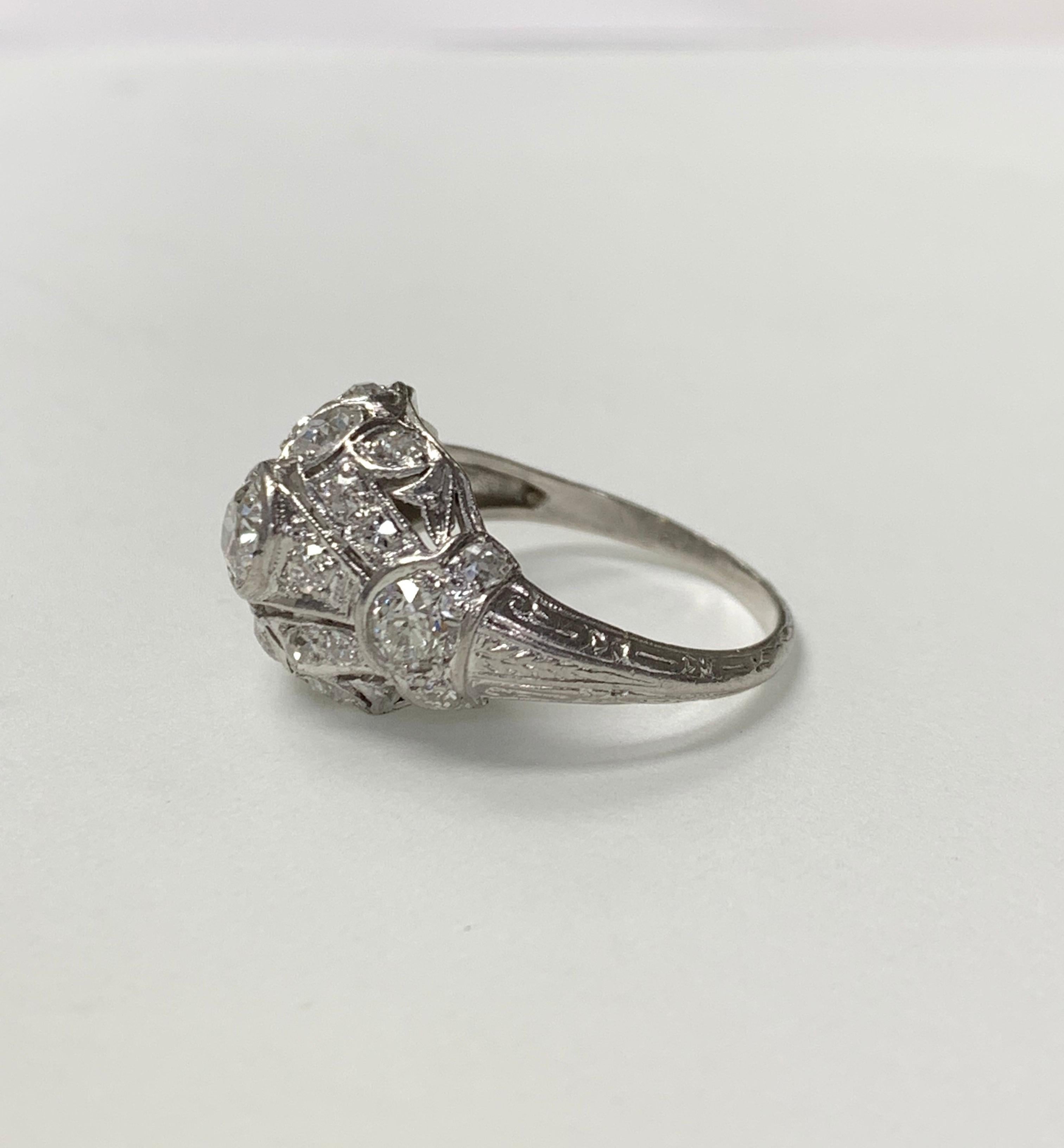 Antique 1920 White Old European Cut Diamond Cocktail Ring in Platinum In Excellent Condition In New York, NY