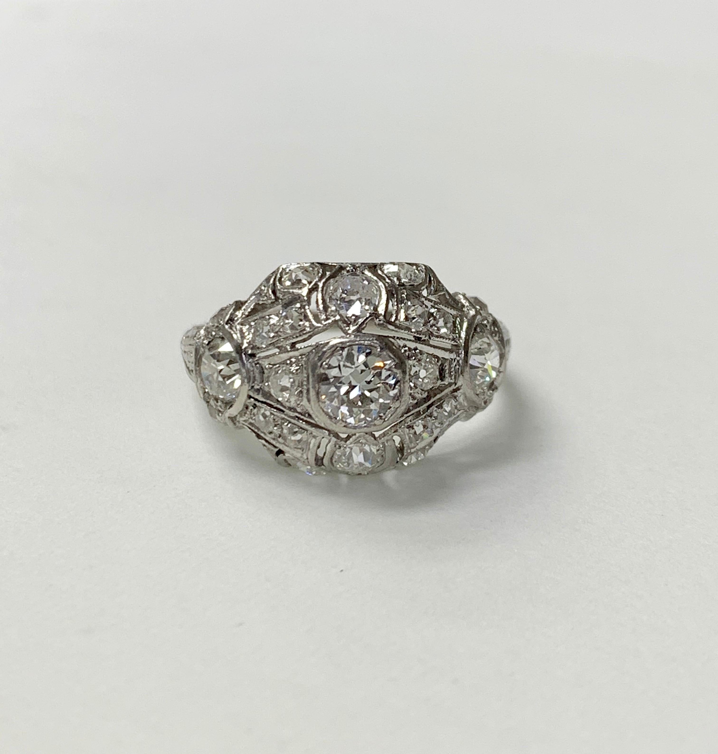 Women's Antique 1920 White Old European Cut Diamond Cocktail Ring in Platinum