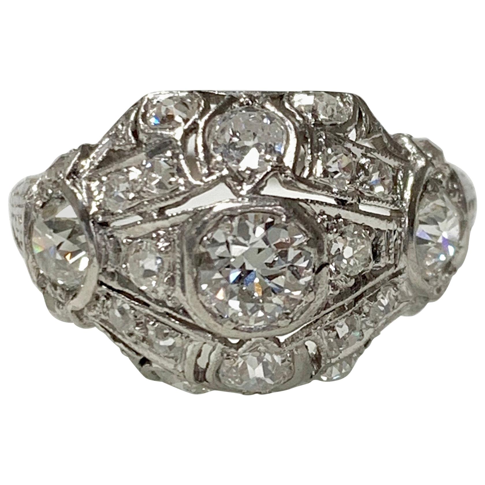 Antique 1920 White Old European Cut Diamond Cocktail Ring in Platinum