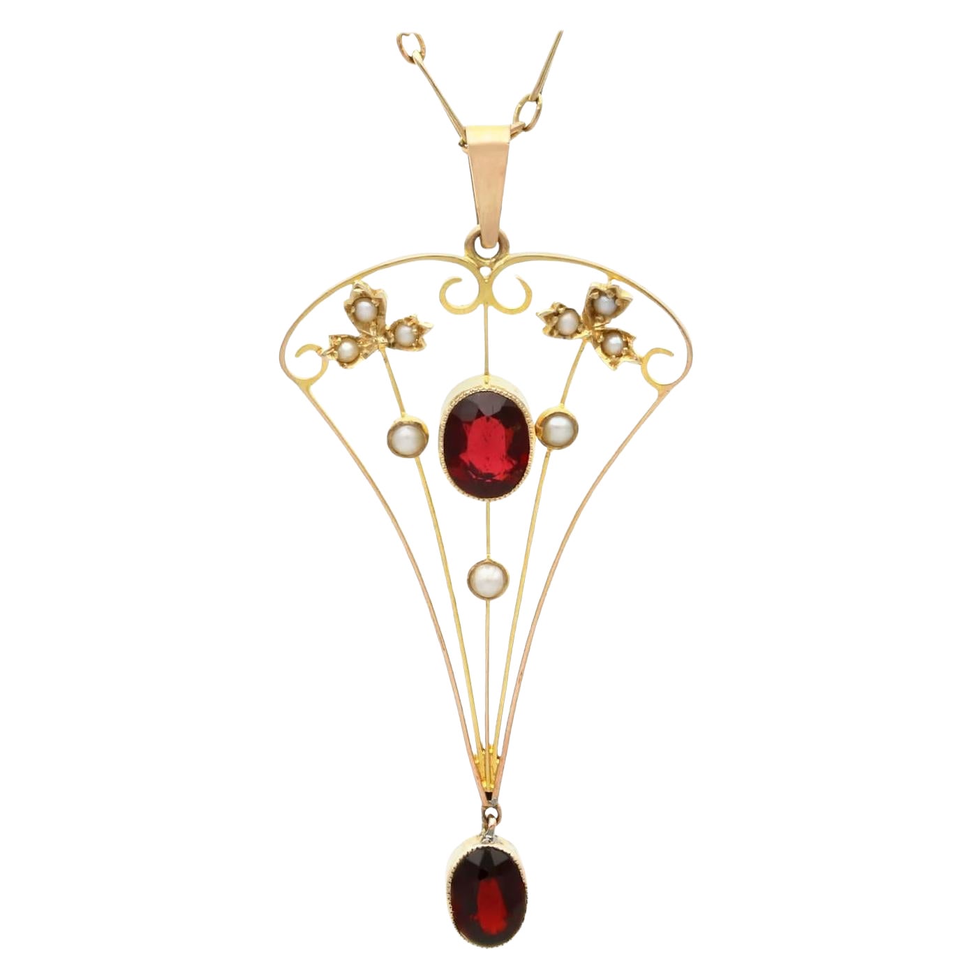 Antique 1920s 1.02ct Garnet Seed Pearl 9k Yellow Gold Pendant Necklace
