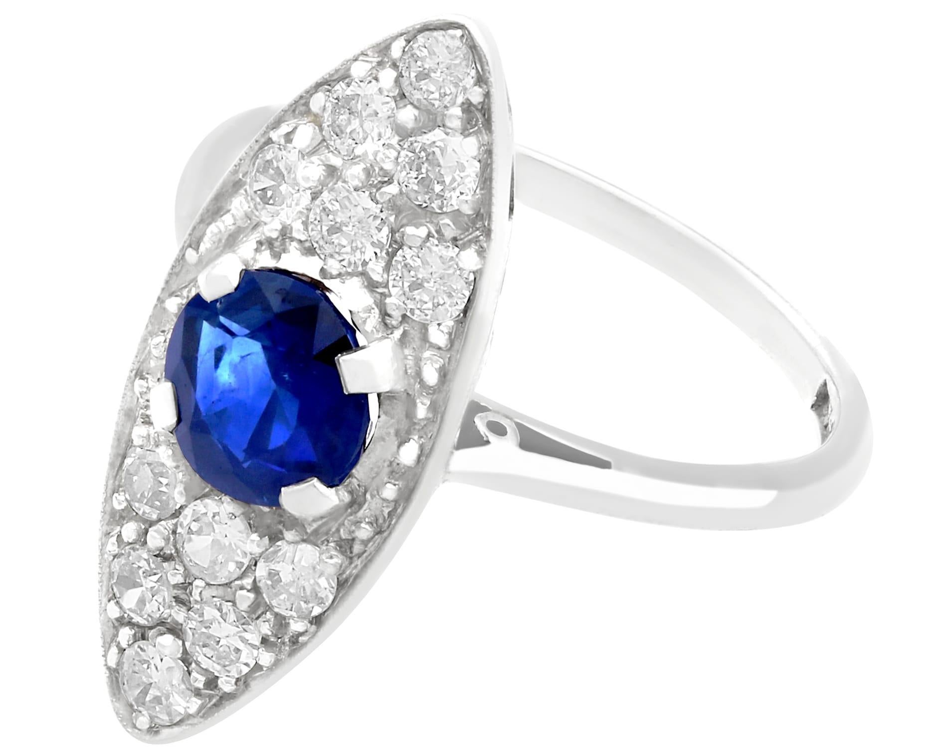 Round Cut Antique 1920s 1.02 Carat Sapphire and Diamond White Gold Cocktail Ring For Sale
