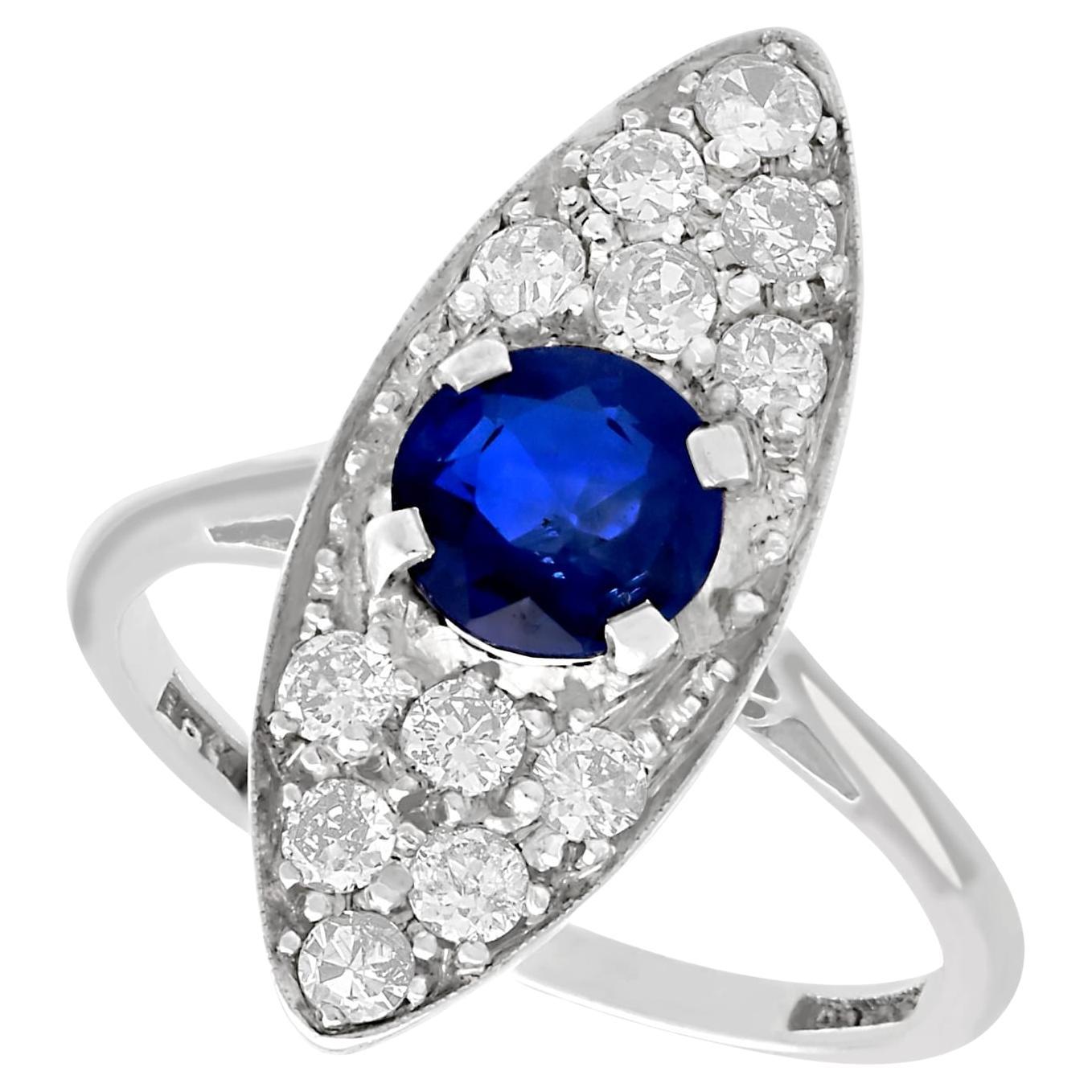 Antique 1920s 1.02 Carat Sapphire and Diamond White Gold Cocktail Ring For Sale