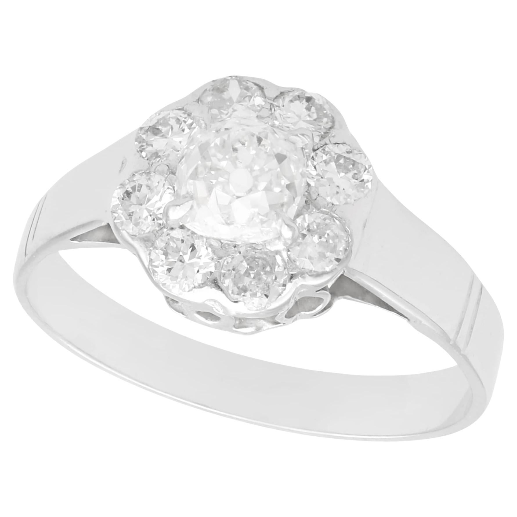 Antique 1920s 1.08 Carat Diamond and White Gold Cluster Engagement Ring For Sale