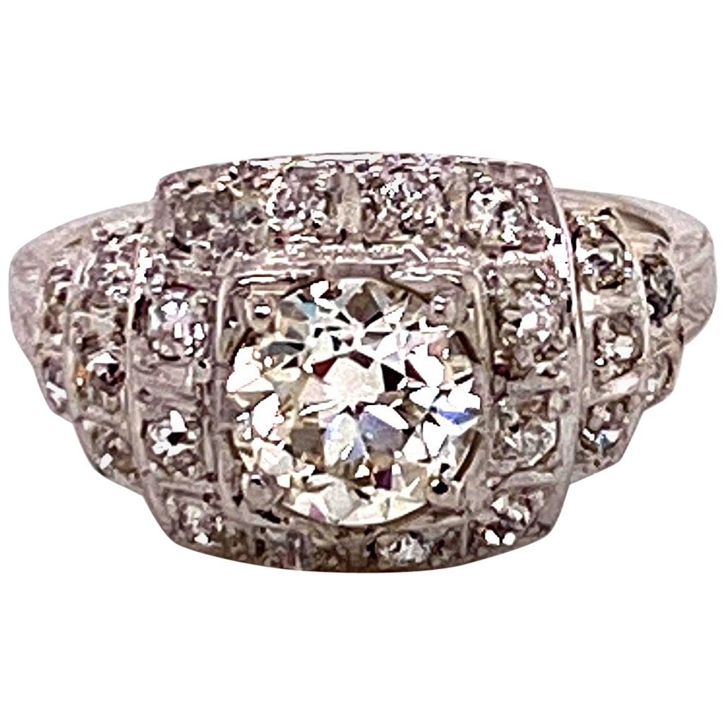Antique 1920s 1.17 Carat European Cut Diamond Platinum Art Deco Ring