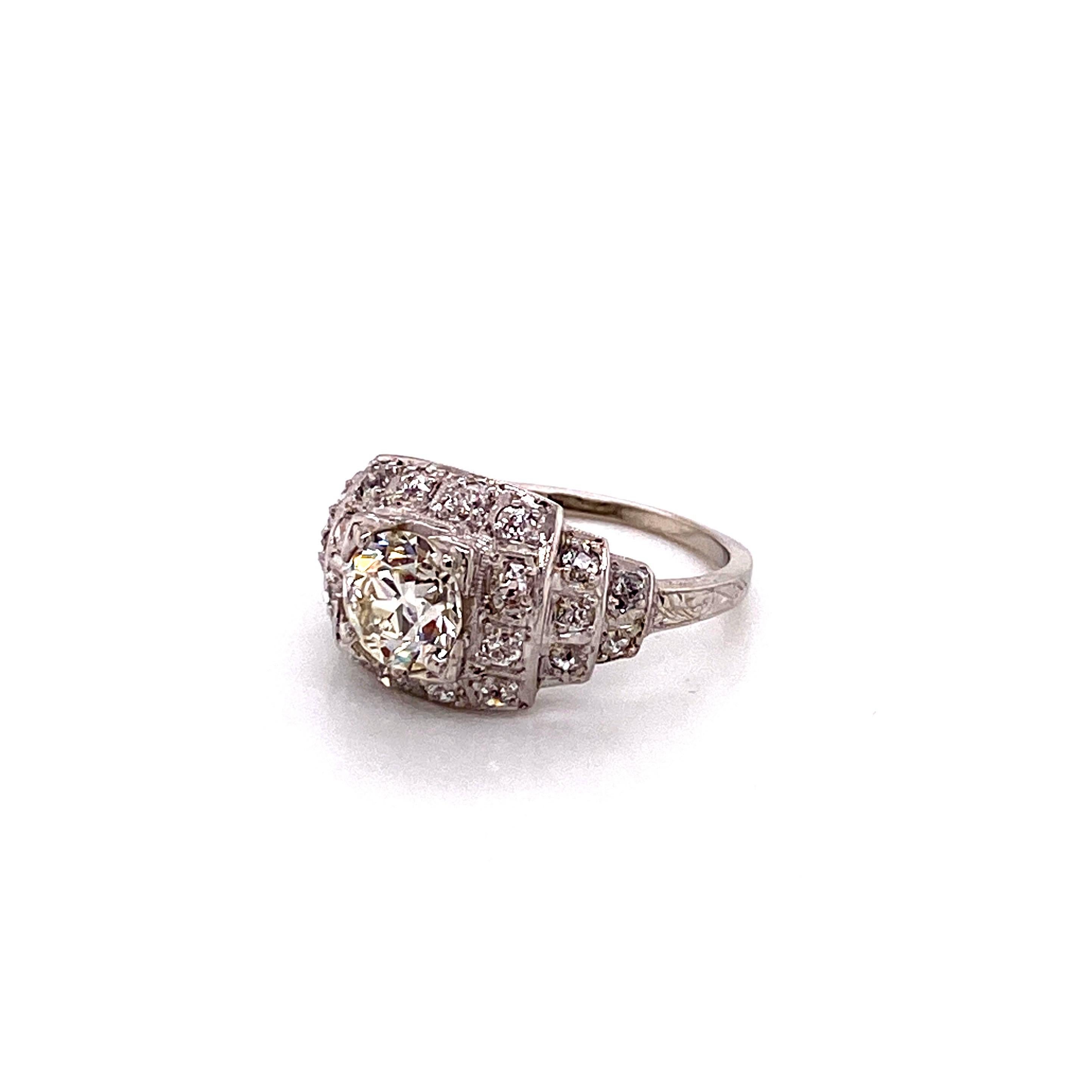 Bague Art déco ancienne en platine avec diamants taille européenne de 1,17 carat, années 1920 Bon état - En vente à Boston, MA
