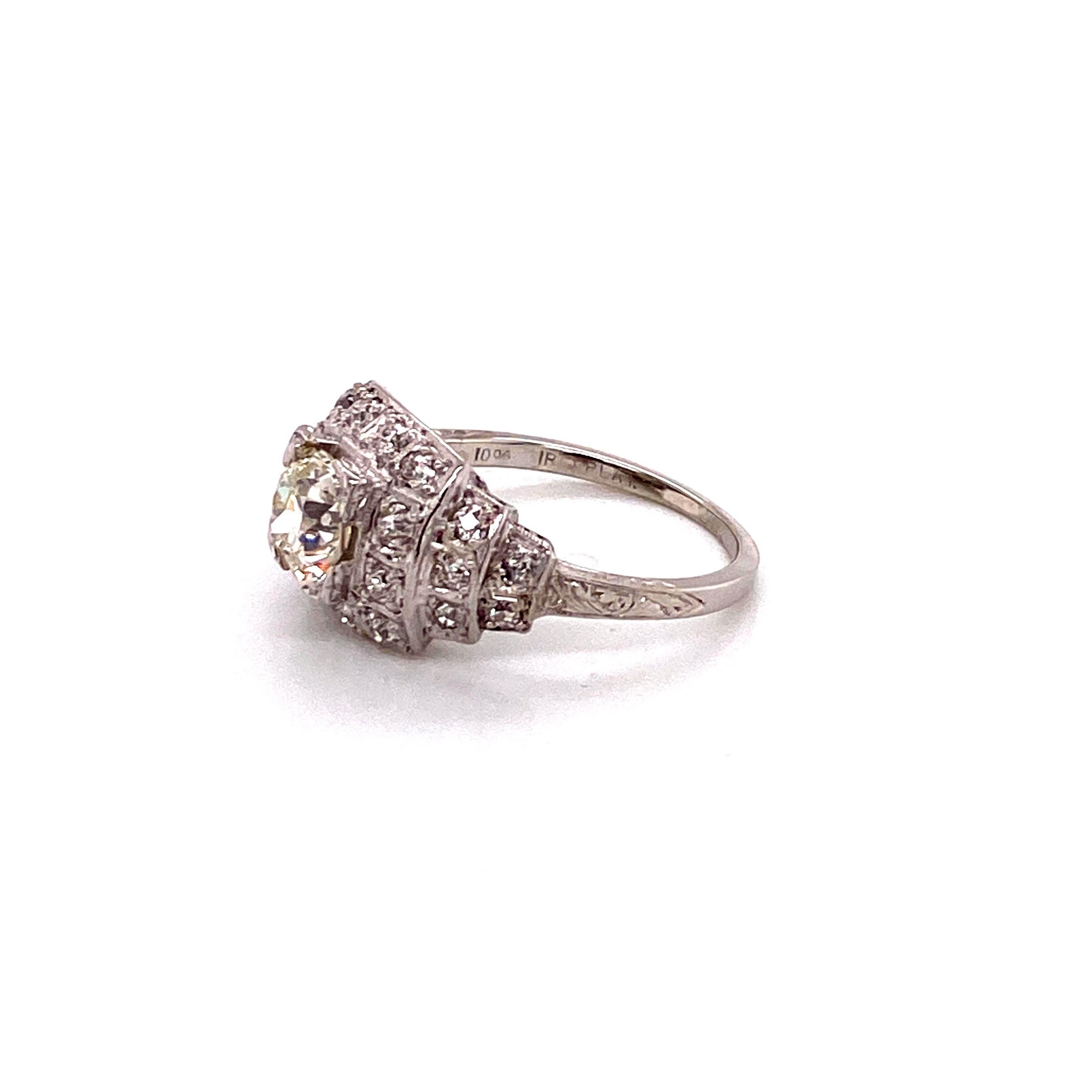 Bague Art déco ancienne en platine avec diamants taille européenne de 1,17 carat, années 1920 Pour femmes en vente