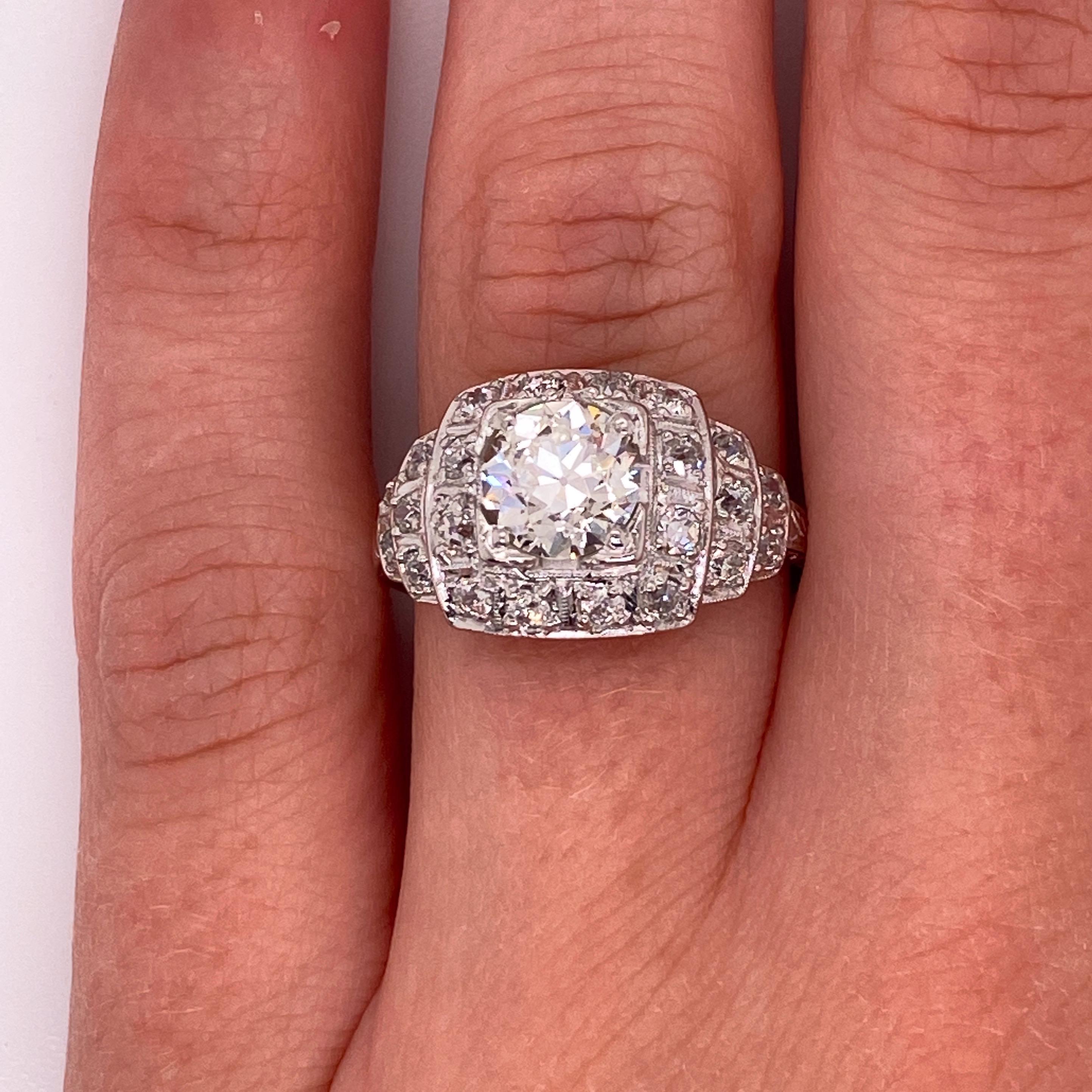 Antique 1920s 1.17 Carat European Cut Diamond Platinum Art Deco Ring In Good Condition For Sale In Boston, MA