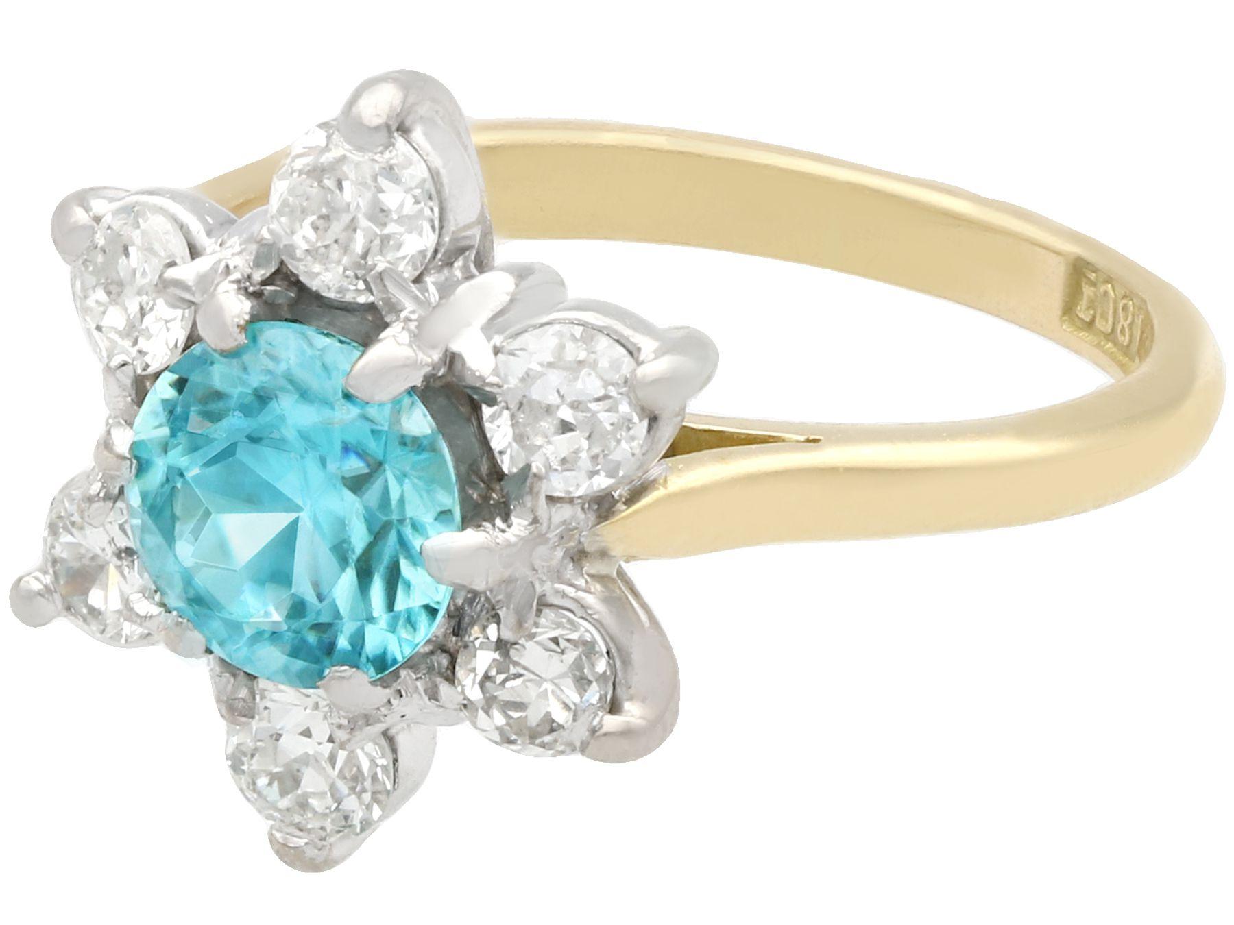 Round Cut Antique 1920s 1.18 Carat Blue Zircon and Diamond Yellow Gold Cluster Ring For Sale