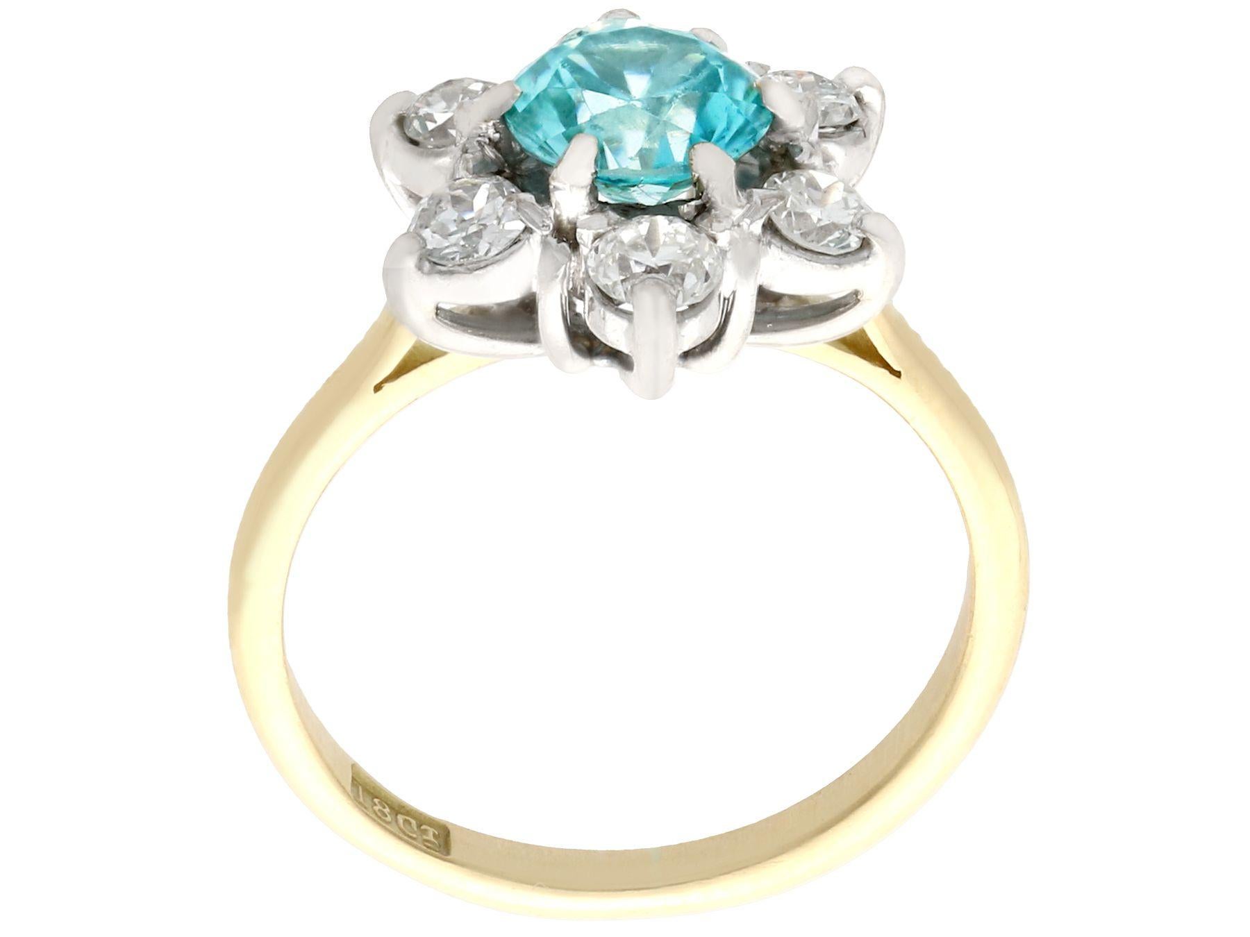 Women's Antique 1920s 1.18 Carat Blue Zircon and Diamond Yellow Gold Cluster Ring For Sale