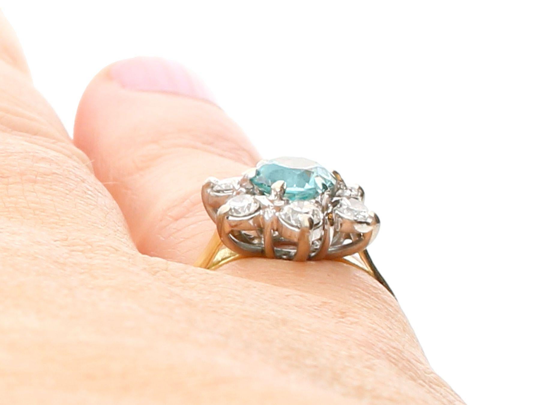 Antique 1920s 1.18 Carat Blue Zircon and Diamond Yellow Gold Cluster Ring For Sale 3