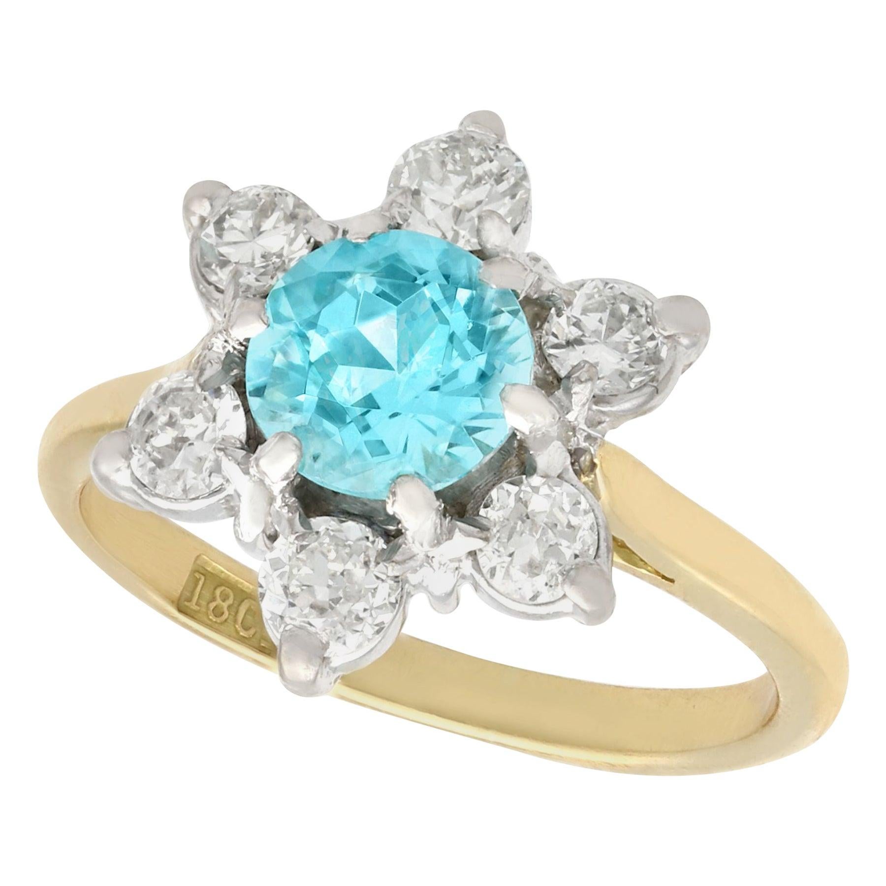 Antique 1920s 1.18 Carat Blue Zircon and Diamond Yellow Gold Cluster Ring For Sale