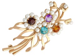 Antique 1920s 1.28 Carat Multi-Gemstone and Pearls Yellow Gold Brooch