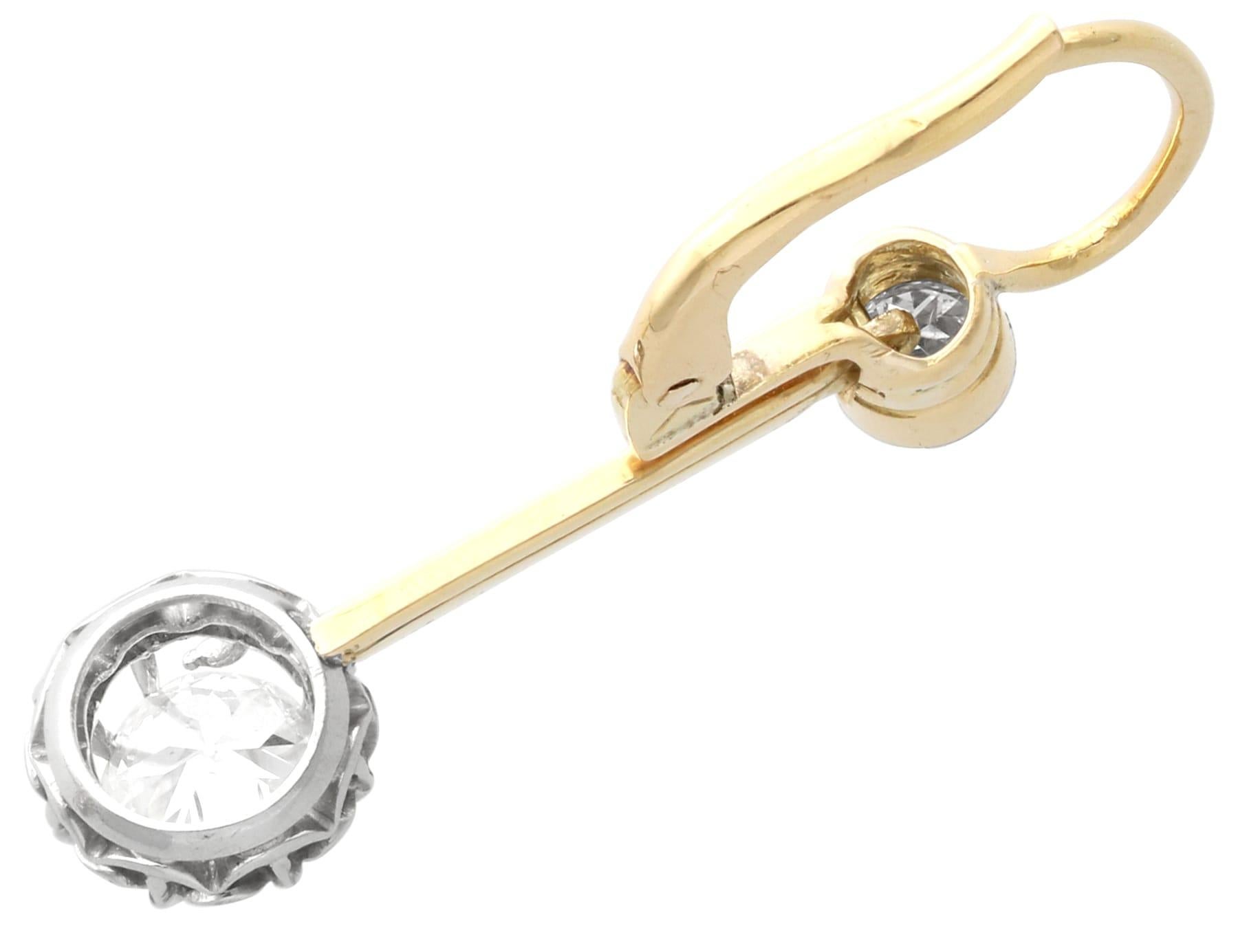 Round Cut Antique 1920s 1.40ct Diamond and 15k Yellow Gold Drop Earrings For Sale