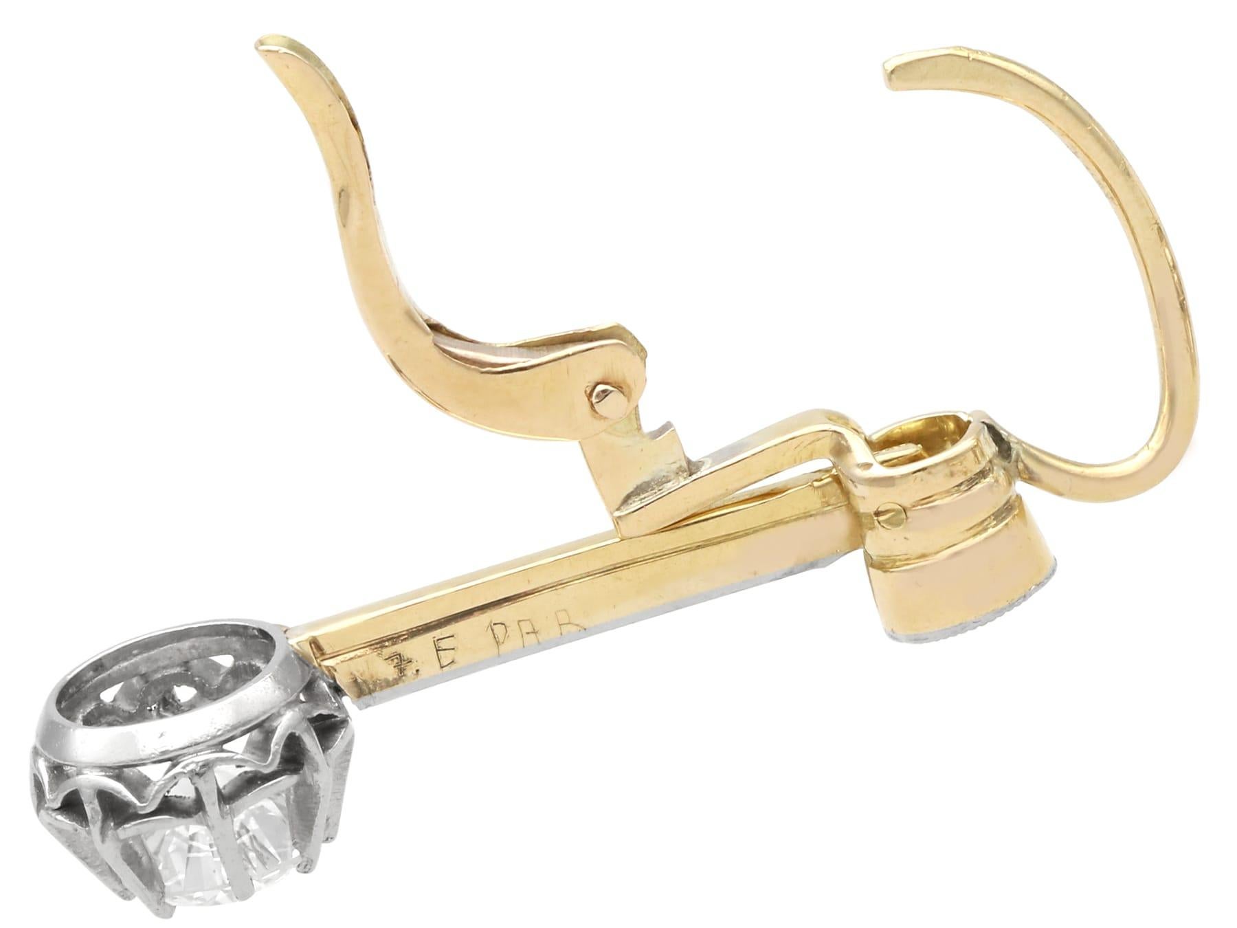 Women's or Men's Antique 1920s 1.40ct Diamond and 15k Yellow Gold Drop Earrings For Sale