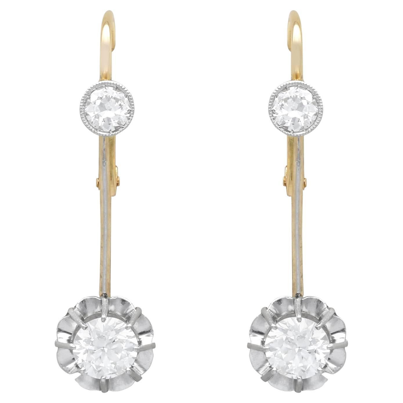 Antique 1920s 1.40ct Diamond and 15k Yellow Gold Drop Earrings
