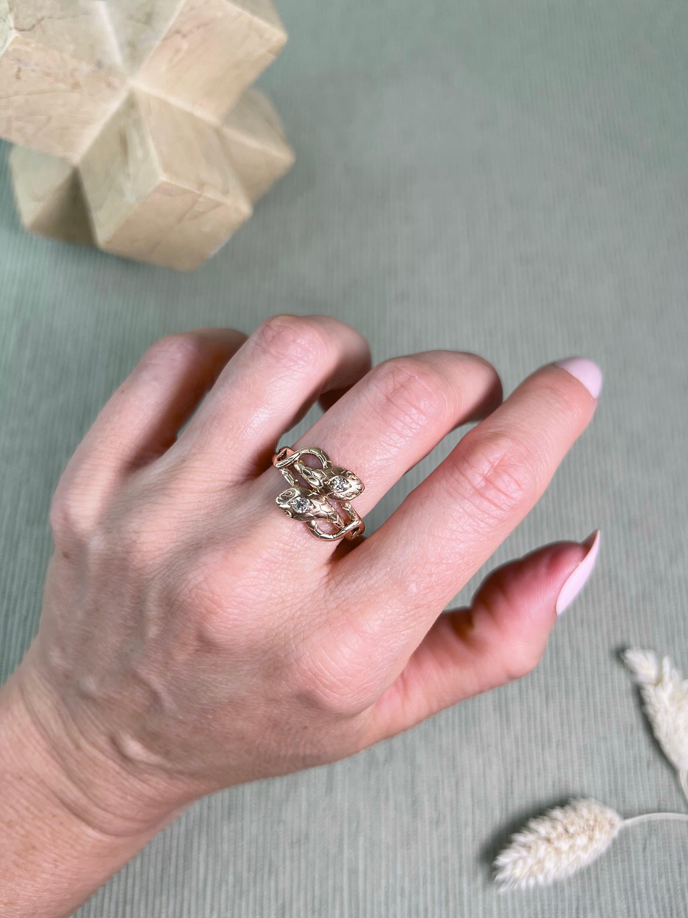 Antique 1920’s 14ct Rose Gold, Diamond Double Headed Snake Ring In Good Condition In Brighton, GB