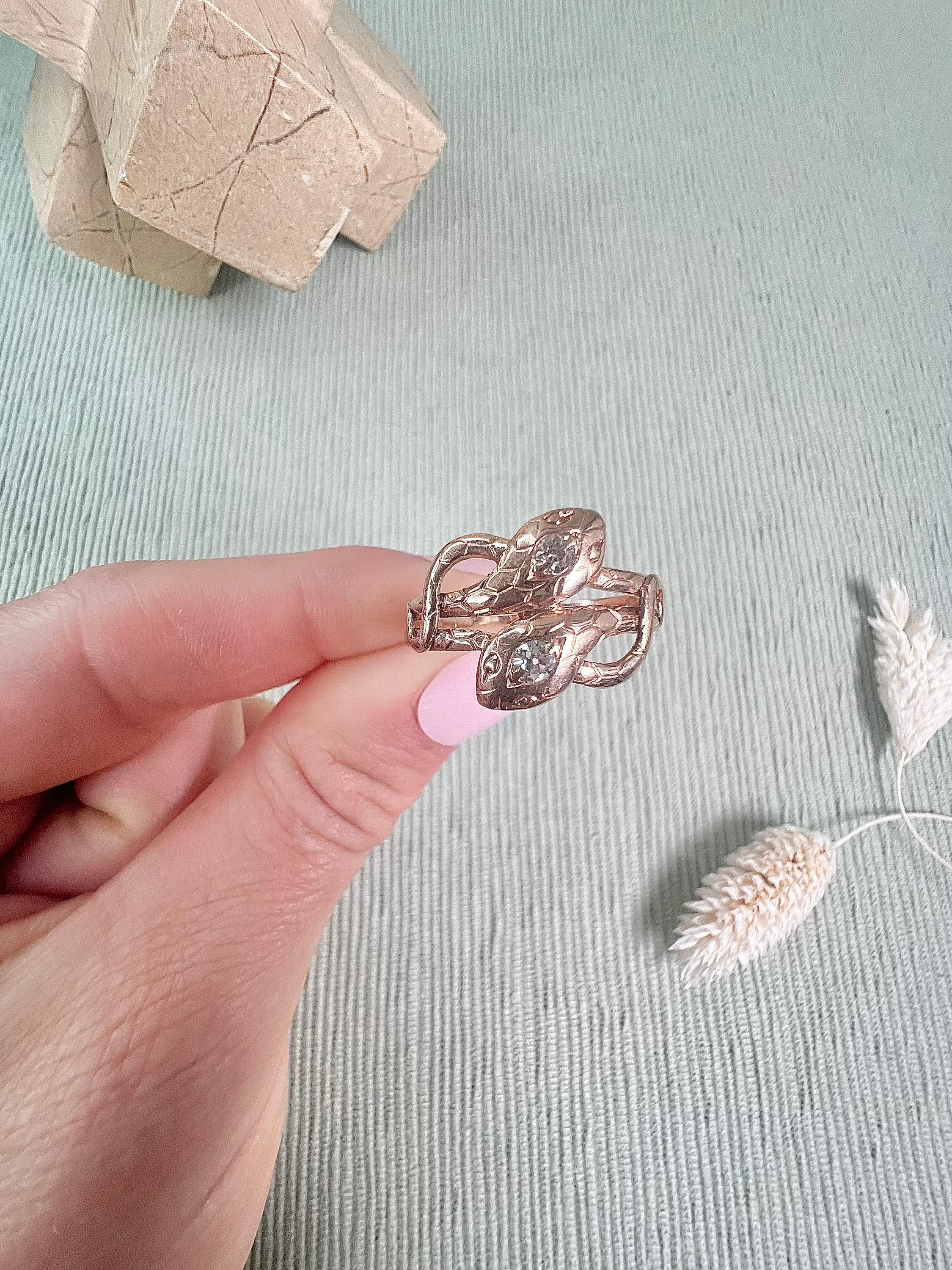 Antique 1920’s 14ct Rose Gold, Diamond Double Headed Snake Ring For Sale 1