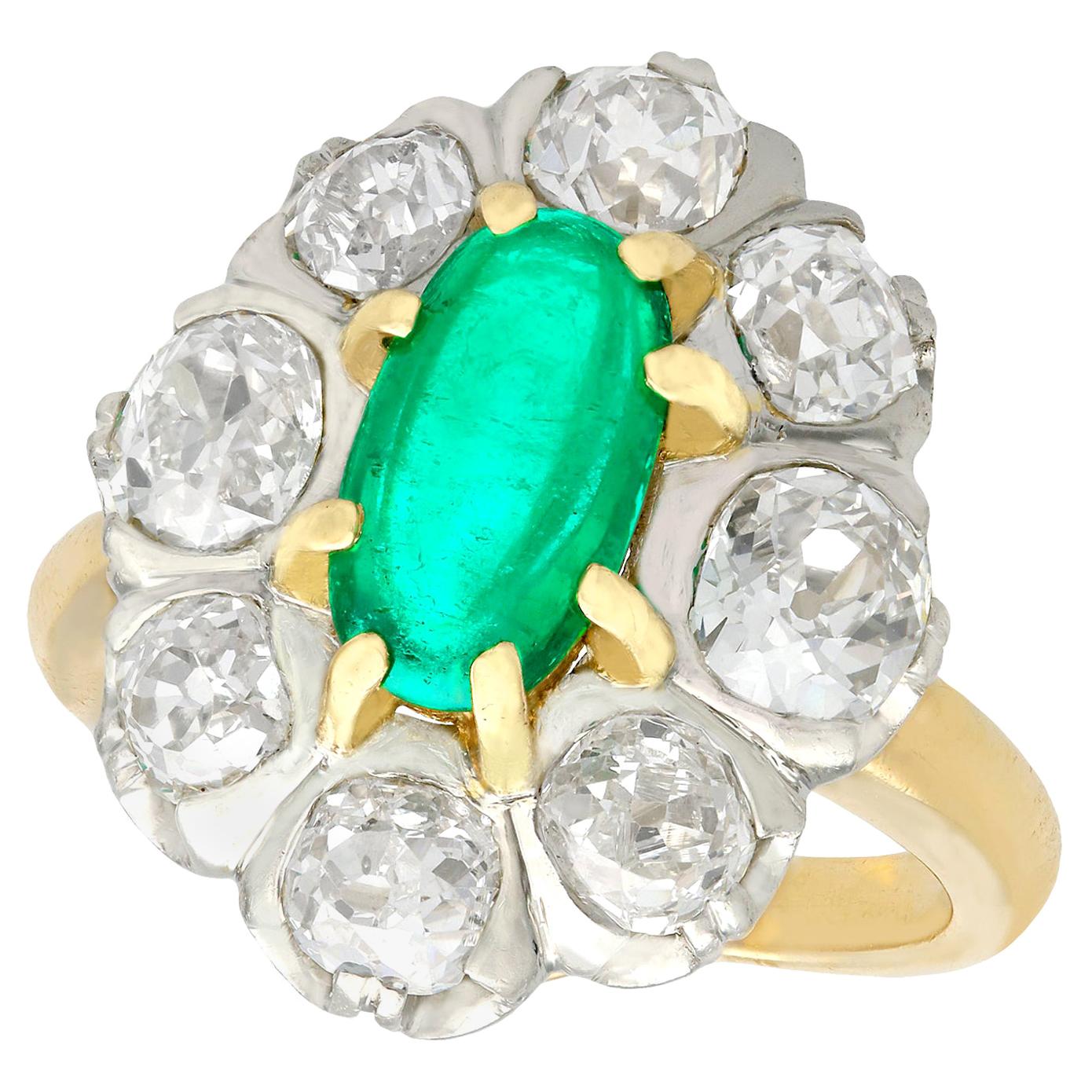 1920s 1.50ct Cabochon Cut Emerald and 2.85ct Diamond Gold Engagement Ring