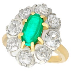 Antique 1920s 1.50ct Cabochon Cut Emerald and 2.85ct Diamond Gold Engagement Ring