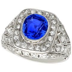 Antique 1920s 1.85 Carat Sapphire and Diamond Platinum Cocktail Ring
