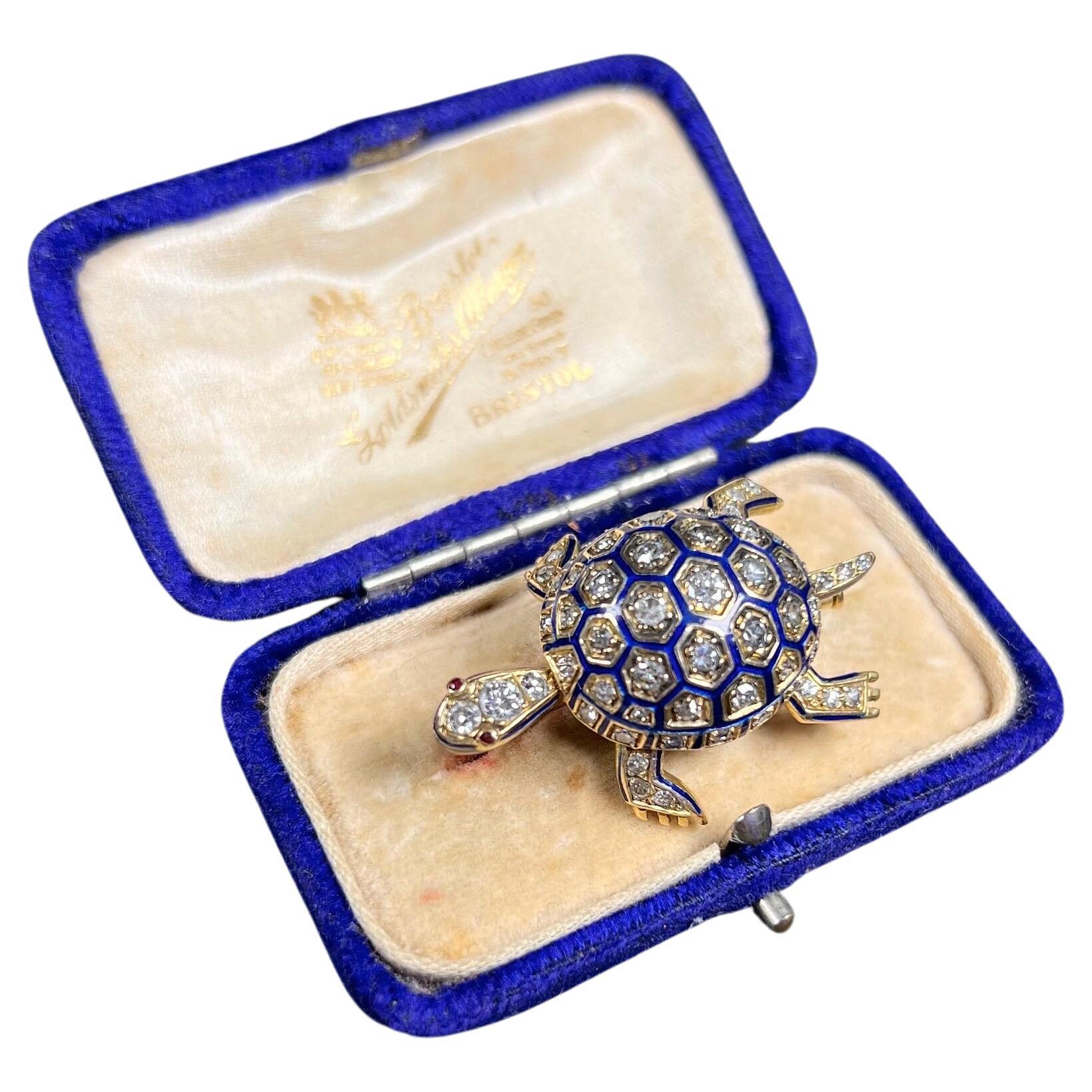 Antique 1920’s 18ct Gold Blue Enamel & Diamond Tortoise Brooch For Sale