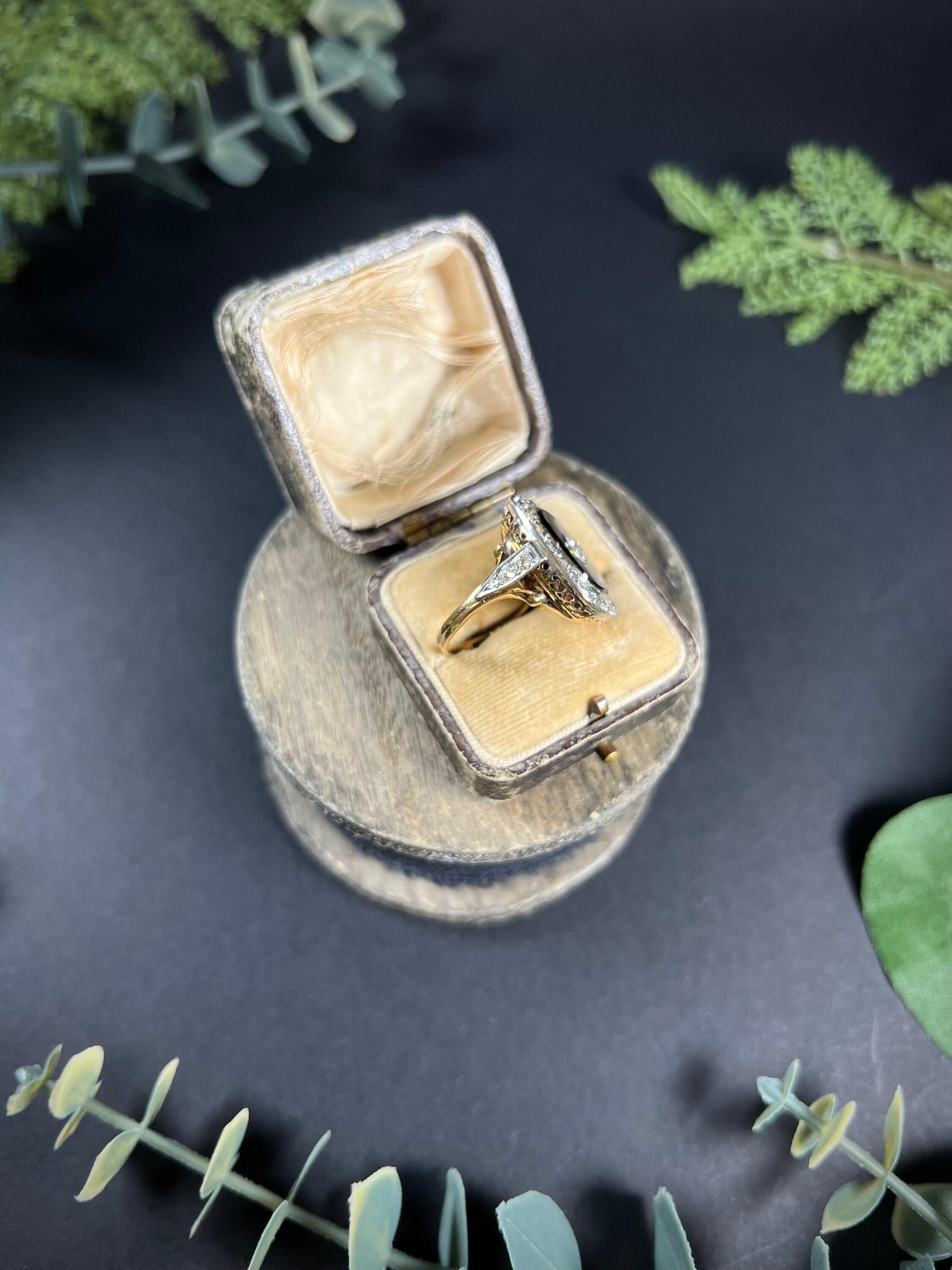 Antike 1920's 18ct Gold & Platin, Französisch Onyx und Diamant-Ring für Damen oder Herren