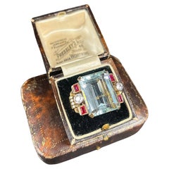 Retro 1920s 18ct Rose Gold Large Aquamarine Diamond and Ruby Cocktail Ring 