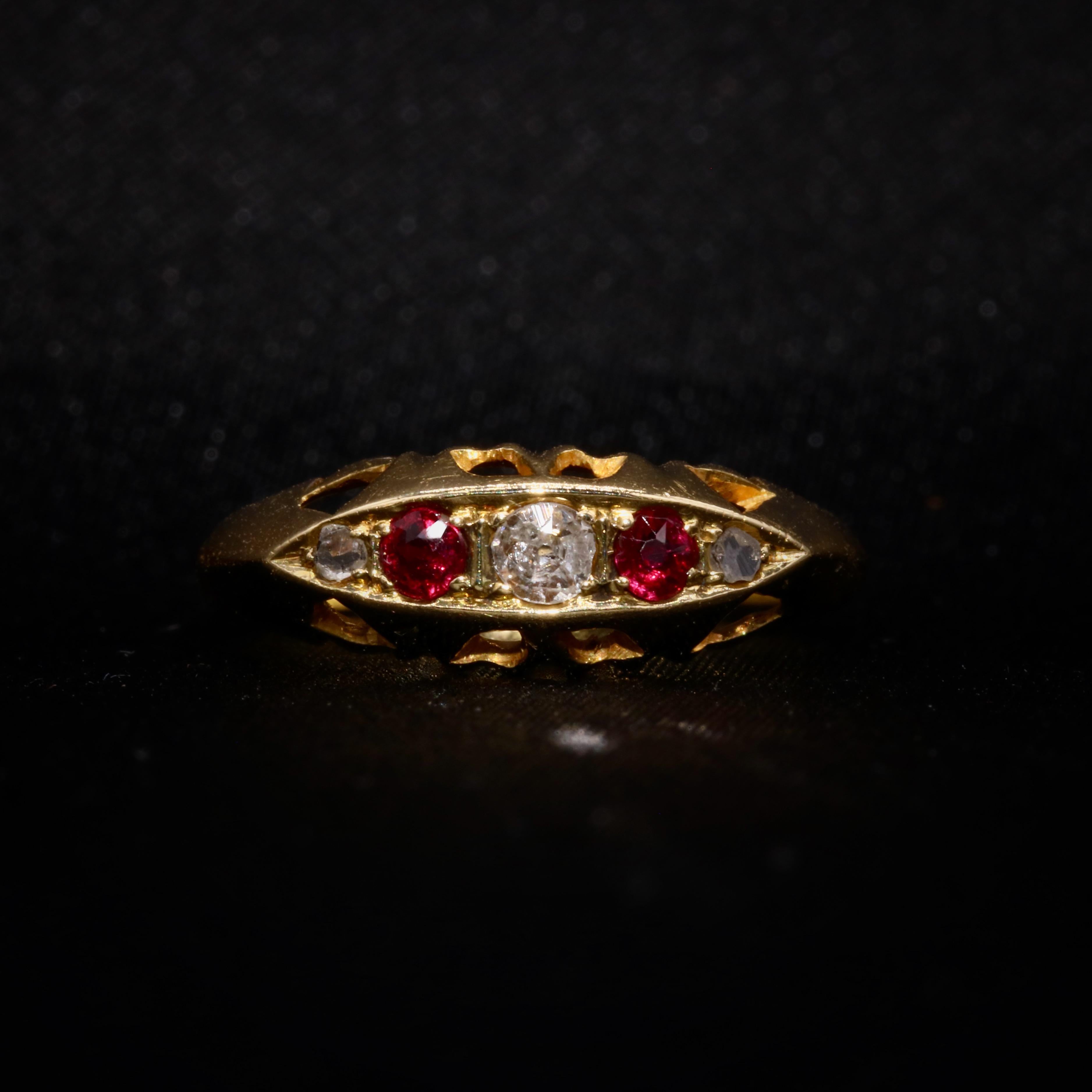 Art Deco Antique 1920s 18K Yellow Gold 0.25tgw Ruby and Old Cut Diamond 5 Stone Ring For Sale