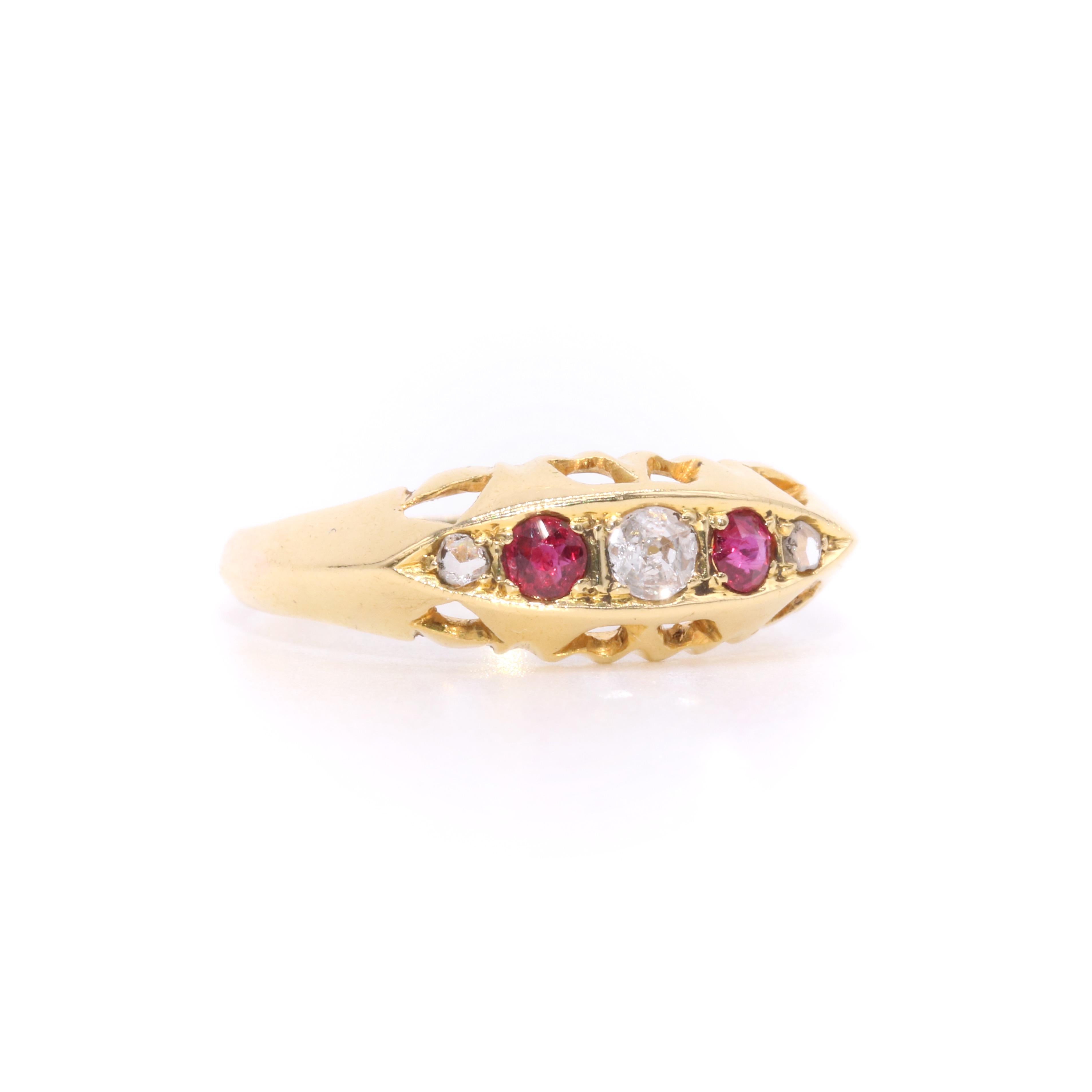 Old European Cut Antique 1920s 18K Yellow Gold 0.25tgw Ruby and Old Cut Diamond 5 Stone Ring For Sale