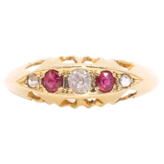 Antique 1920s 18K Yellow Gold 0.25tgw Ruby and Old Cut Diamond 5 Stone Ring