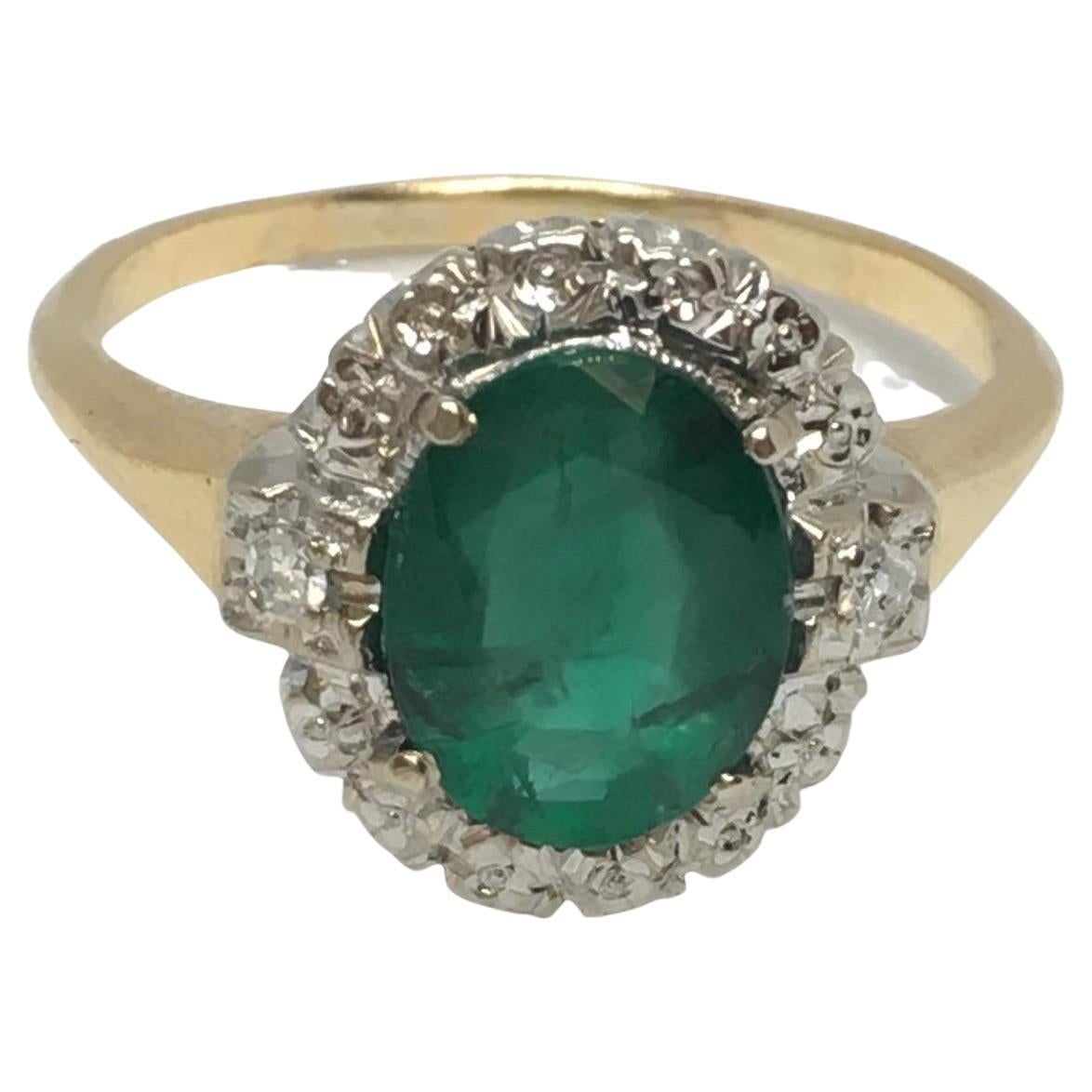 Antique 1920s 2 Carat Natural Emerald 14k Two Tone Gold Ring Diamonds