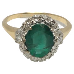 Antique 1920s 2 Carat Natural Emerald 14k Two Tone Gold Ring Diamonds
