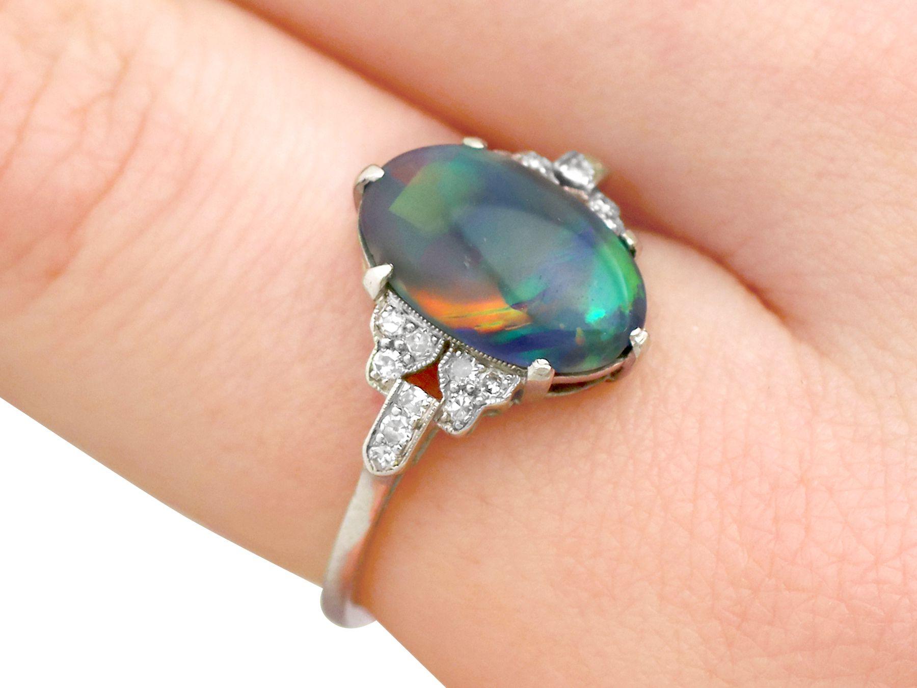 Antique 1920s 2.05Ct Cabochon Cut Black Opal and Diamond Platinum Cocktail Ring In Excellent Condition In Jesmond, Newcastle Upon Tyne