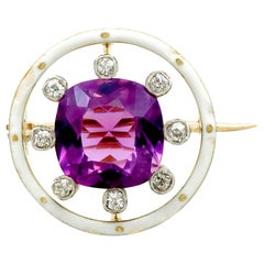 Antique 1920s 2.26 Carat Amethyst and Diamond Yellow Gold Brooch